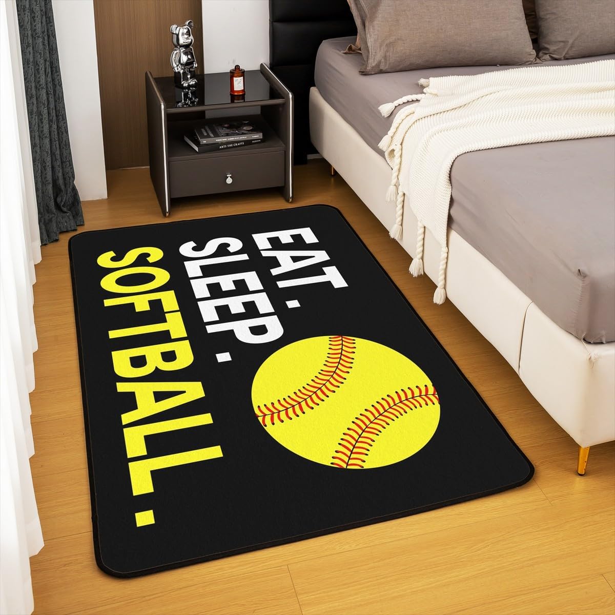 Feelyou Softball Area Rug 3x5 Black Sports Game Living Room Rugs Softball Gaming Decorative Rug Mat for Kids Boys Girls Teens Gift for Softball Lover Indoor Floor Mat Non-Slip Accent Rug