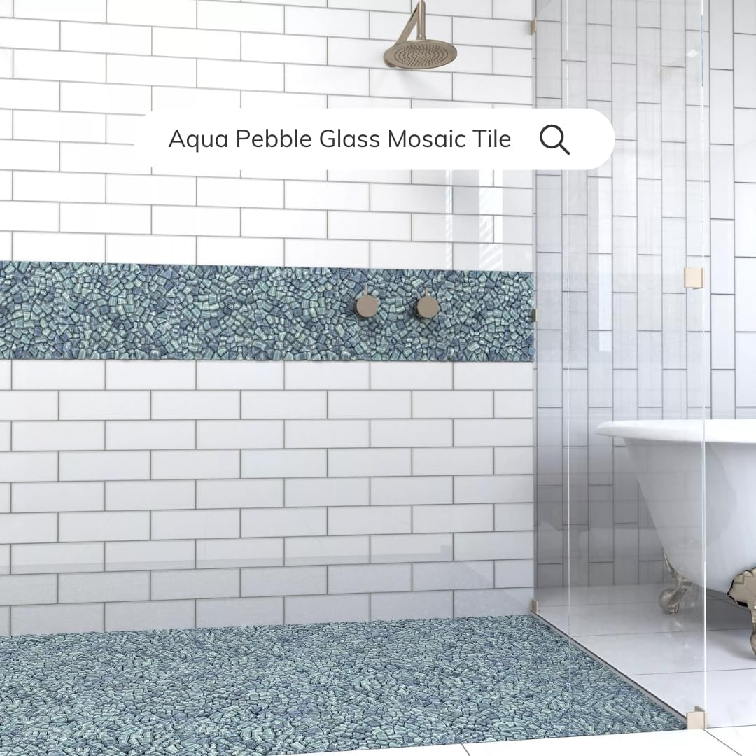 Tenedos HTC253 Aqua Pebble Glass Mosaic Tile – 1 Sheet of Irregular Blue-Green Glossy Pebble Shapes for Backsplash, Shower Walls & Bathroom Decor