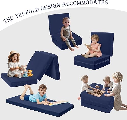 Miniatura 4 de MeMoreCool Colchón plegable para niños, tapete triple para siesta para niños pequeños, futón portátil para dormir o cama de suelo, azul marino, 57 x