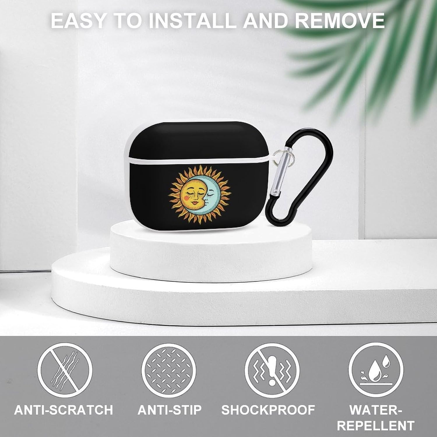 Boho Sun Moon Face Earphone Case PC Earbud Bag with Keychain White-Style image 3