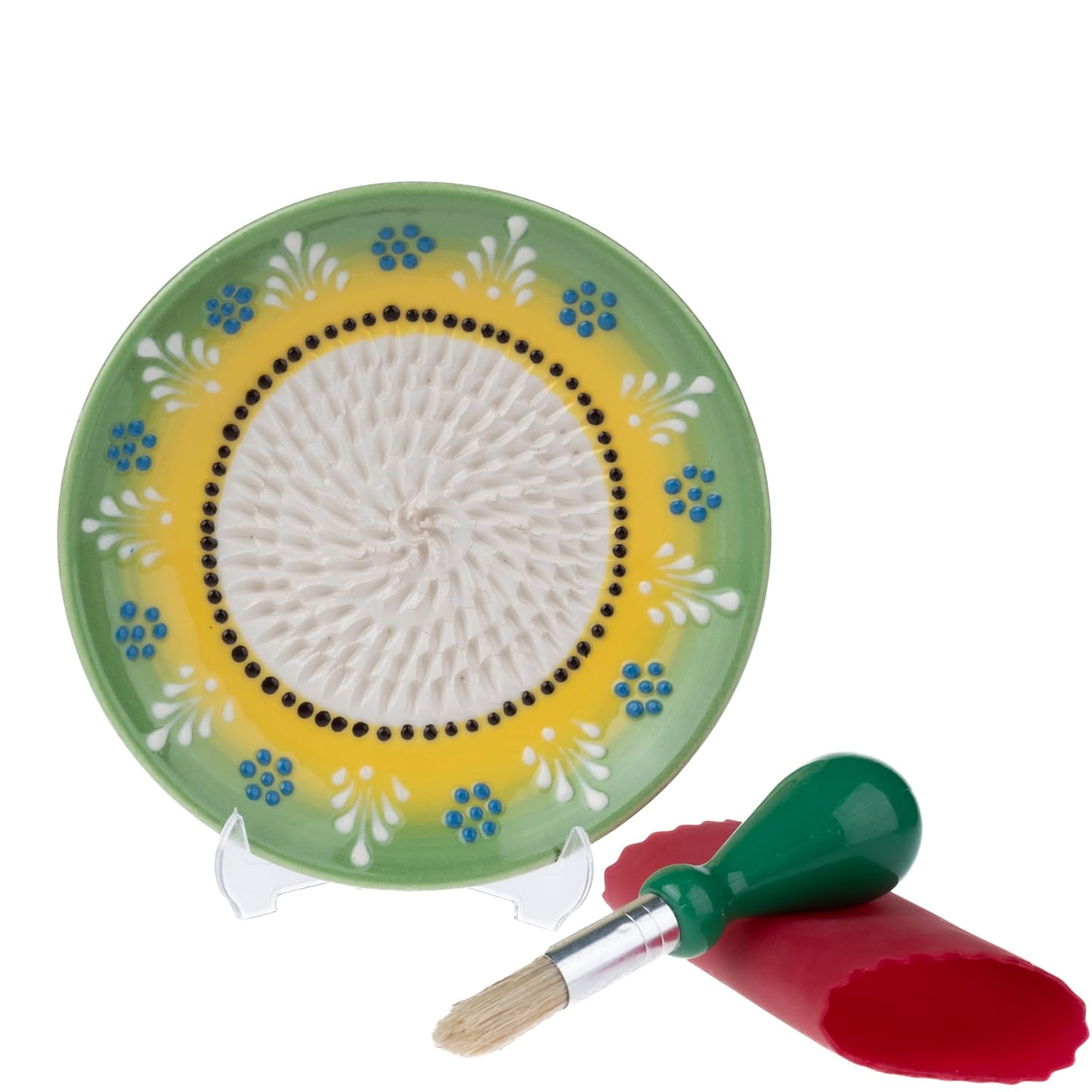 Ceramic Garlic Grater Plate Set Handmade 4-Piece Press Natural Grinder for Ginger Cheese Spices Decorative Hand Dish Green