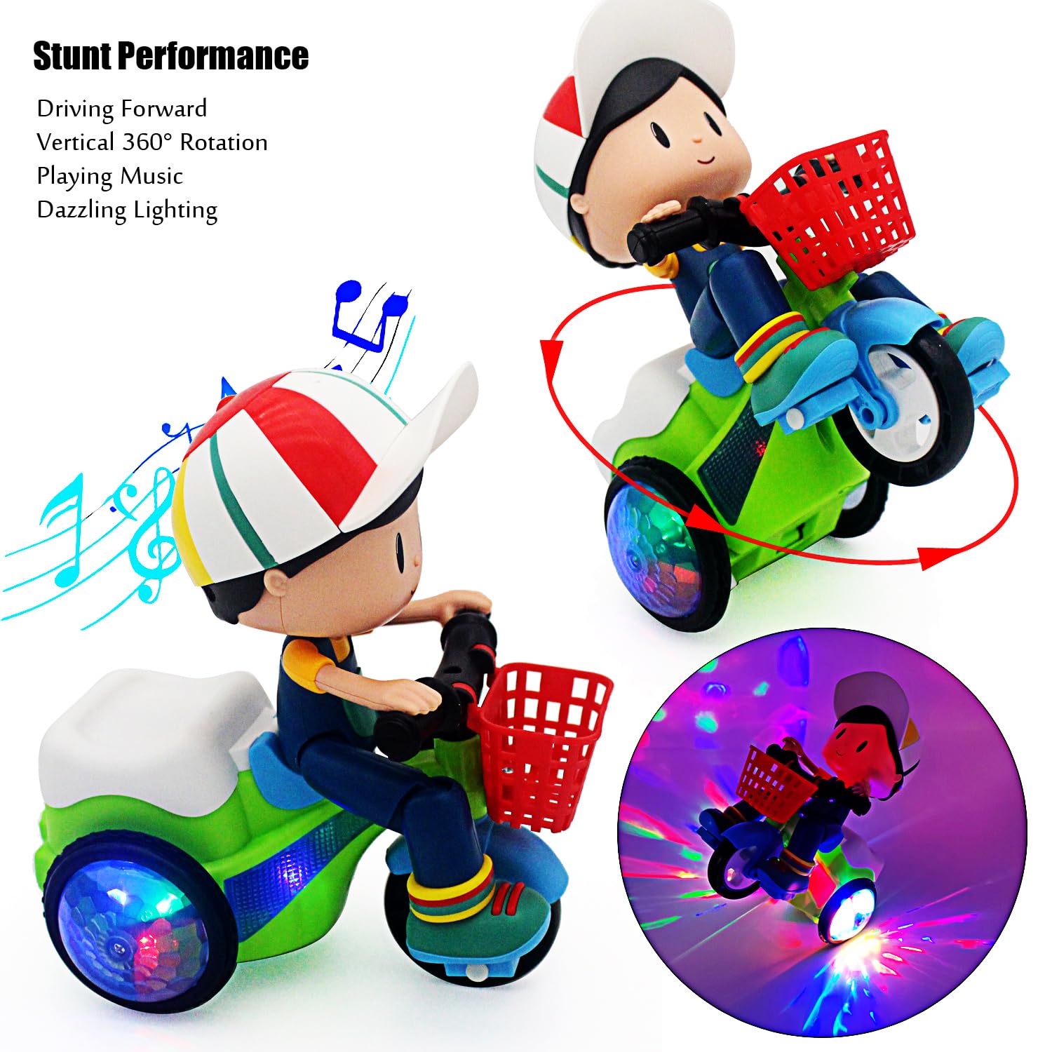 Triciclo eléctrico para bebés y niños pequeños, juguete de caricatura, motocicleta, vehículo, actuación, música, luces luminosas, regalos de cumpleaños para niños (niño) 2
