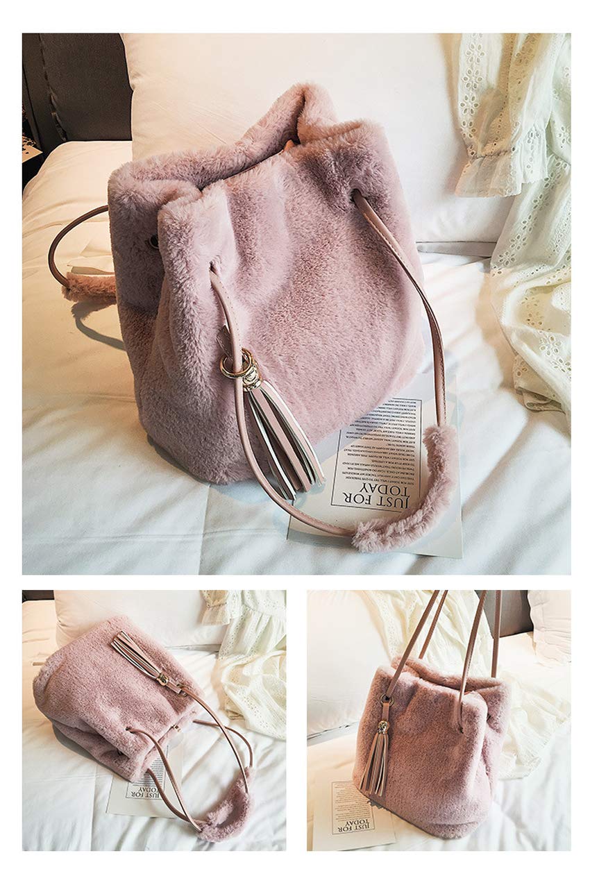 Ulisty Women Winter Faux Fur Shoulder Bag Plush Handbag Fluffy Bucket Bag Tassel Crossbody Bag pink