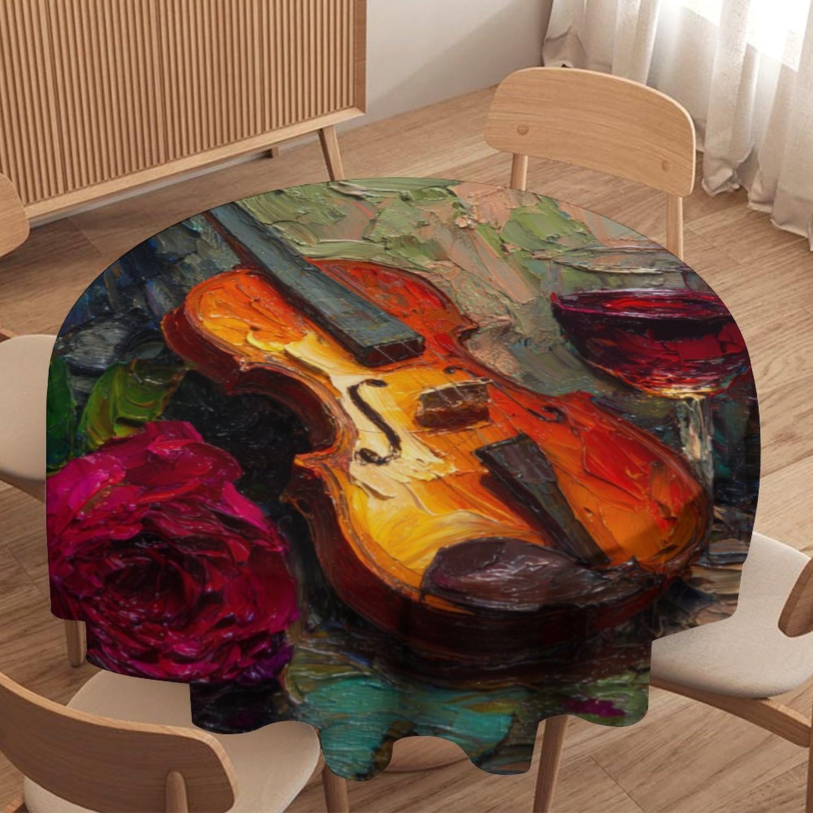 LUYYSKY Rustic Abstract Music Theme Violin Waterproof Round Tablecloth Vintage Realistic Music Instrument Roses Floral Wine Glass Washable Table Cover for Kitchen-127 Wx127 L cm