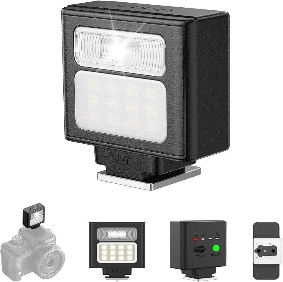 ULANZI SL02 Flash de vídeo Speedlite Mini GN8 6500K com montagem de sapata quente, flash de câmera portátil com 4 níveis de potência para Canon Fuji Sony Nikon DSLR, fotografia de retrato, luz de