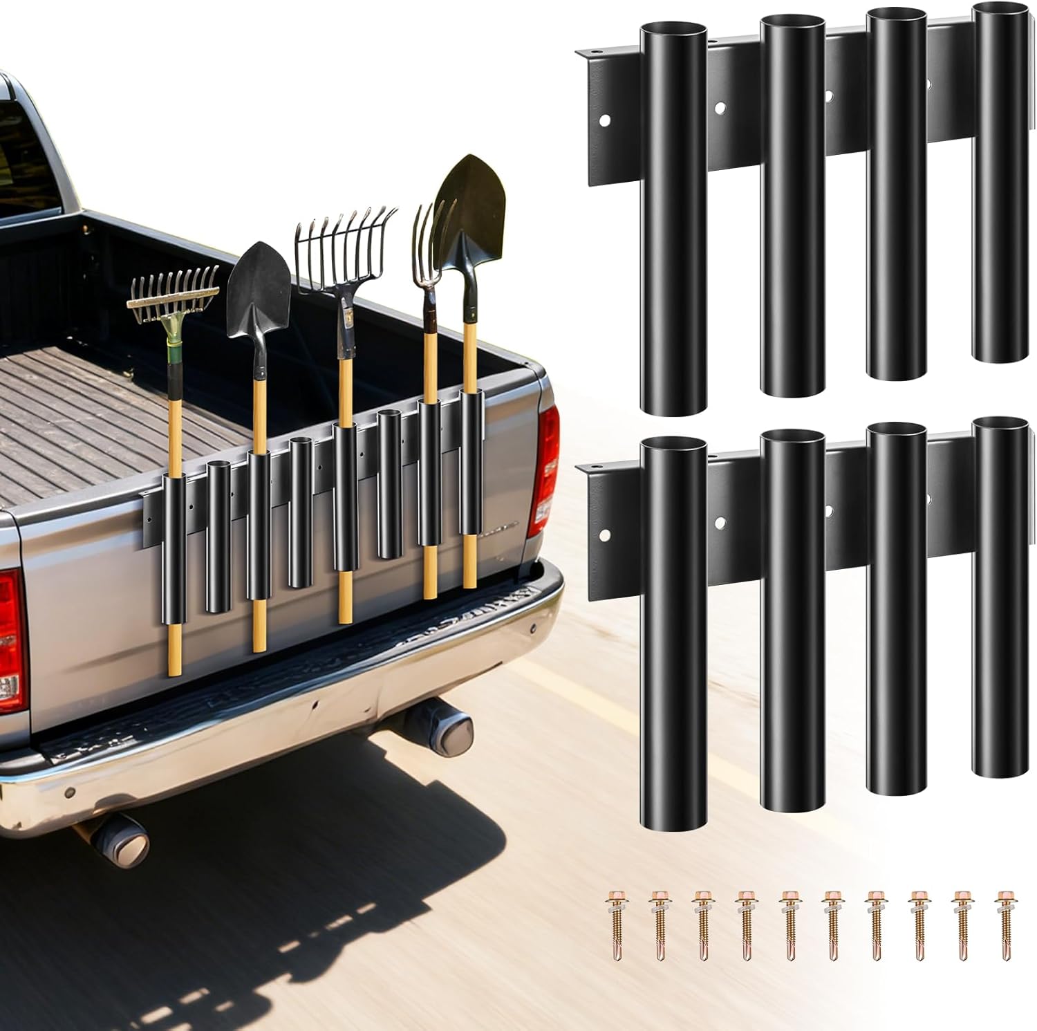 8 Hole Shovel Holder for Truck Bed & Trailer, Heavy-Duty Steel Tool Rack with 2 Mounting Groups, Universal Organizer for Shovel, Rake, Trimmer, Lawn Tools (8 Holes Bed Mount Upgrade)