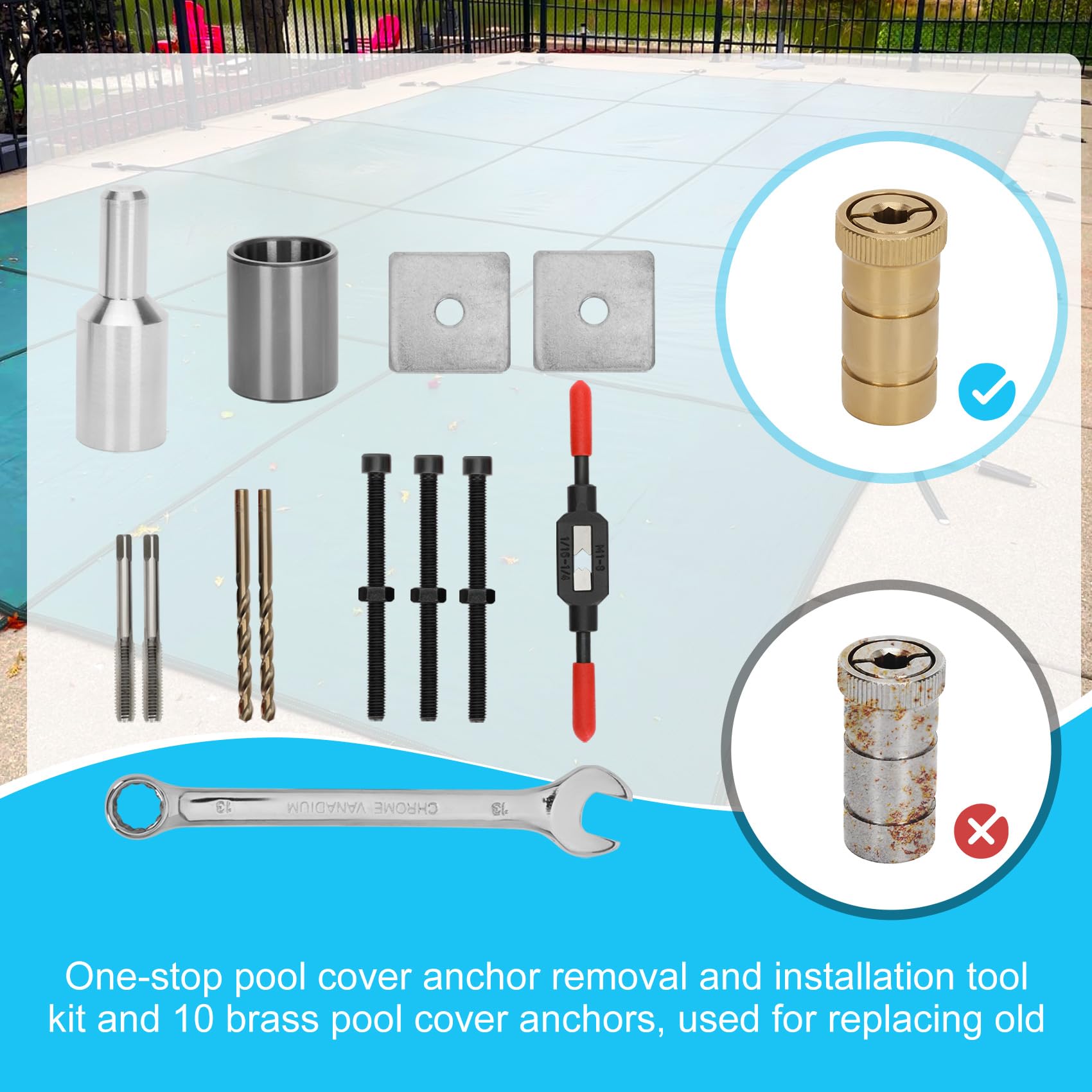 noblequest Pool Cover Anchor Removal Kit Includes 10 Brass Pool Cover Anchors, Anchor Replacement and Installation Tools, Pool Cover Tool for Inground Pools for Concrete and Paved Surfaces