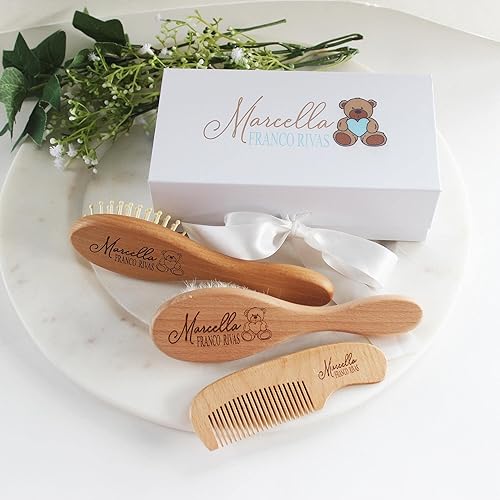 Miniatura 7 de Juego de cepillos de madera personalizados para bebés  Cepillo de madera personalizado para bebés  Regalo personalizado para niños