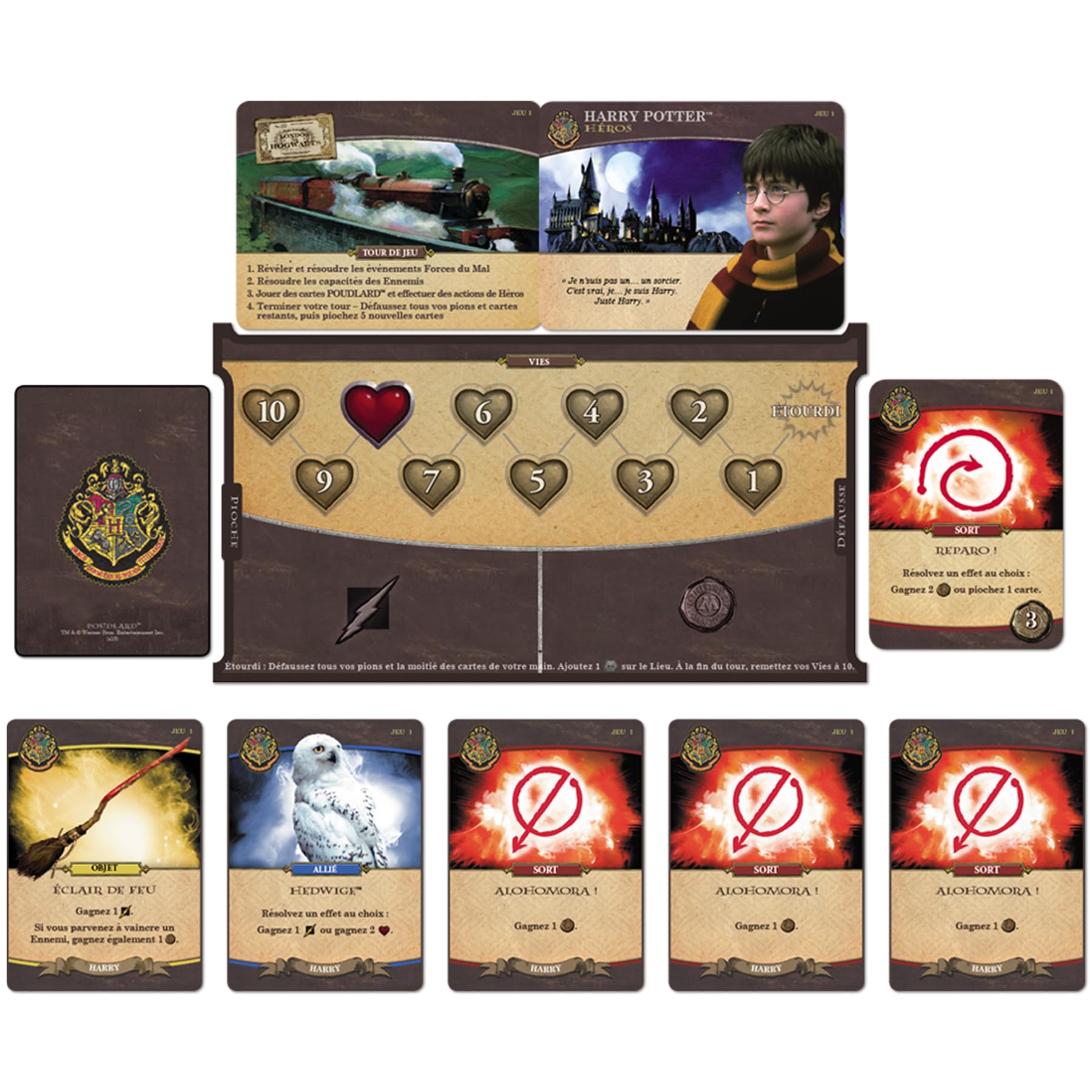 Asmodee - HARRY POTTER : BATAILLE À POUDLARD - Jeu de Société Coopératif pour Enfants Dès 11 Ans - Jeu de Deckbuilding - Univers Magique Inspiré des Livres - 2 à 4 Joueurs - En Français - USAopoly