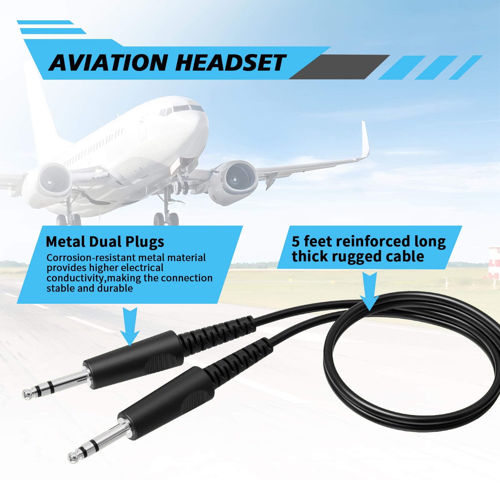 WODASEN General Aviation Headset GA Dual Plug Pilot Headsets mit Galgenmikrofon Flugzeug Noise Cancelling GA Stecker (Schwarz)