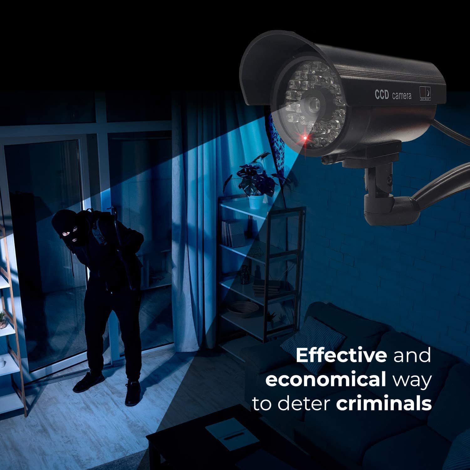 Cámara de seguridad falsa, sistema de vigilancia CCTV simulado con luces intermitentes rojas realistas y calcomanía de advertencia para interiores y exteriores