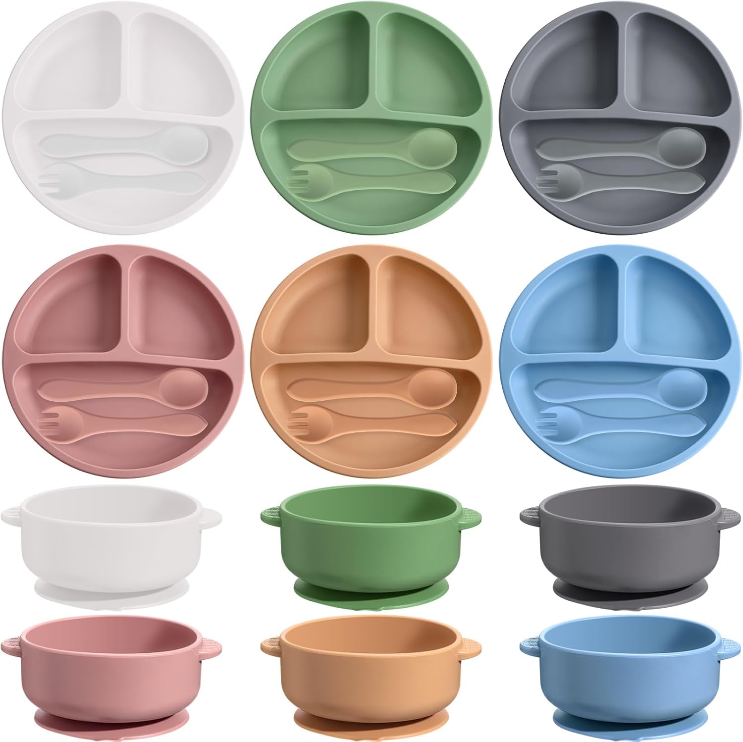 Dandat 24 Pcs Silicone Baby Feeding Set,6 Baby Toddler Suction Bowls 6 Divided Suction Plates with 6 Forks 6 Spoons, Utensils Set for Weaning Infant Feeding and Eating, 6 Styles (Pastel Color)