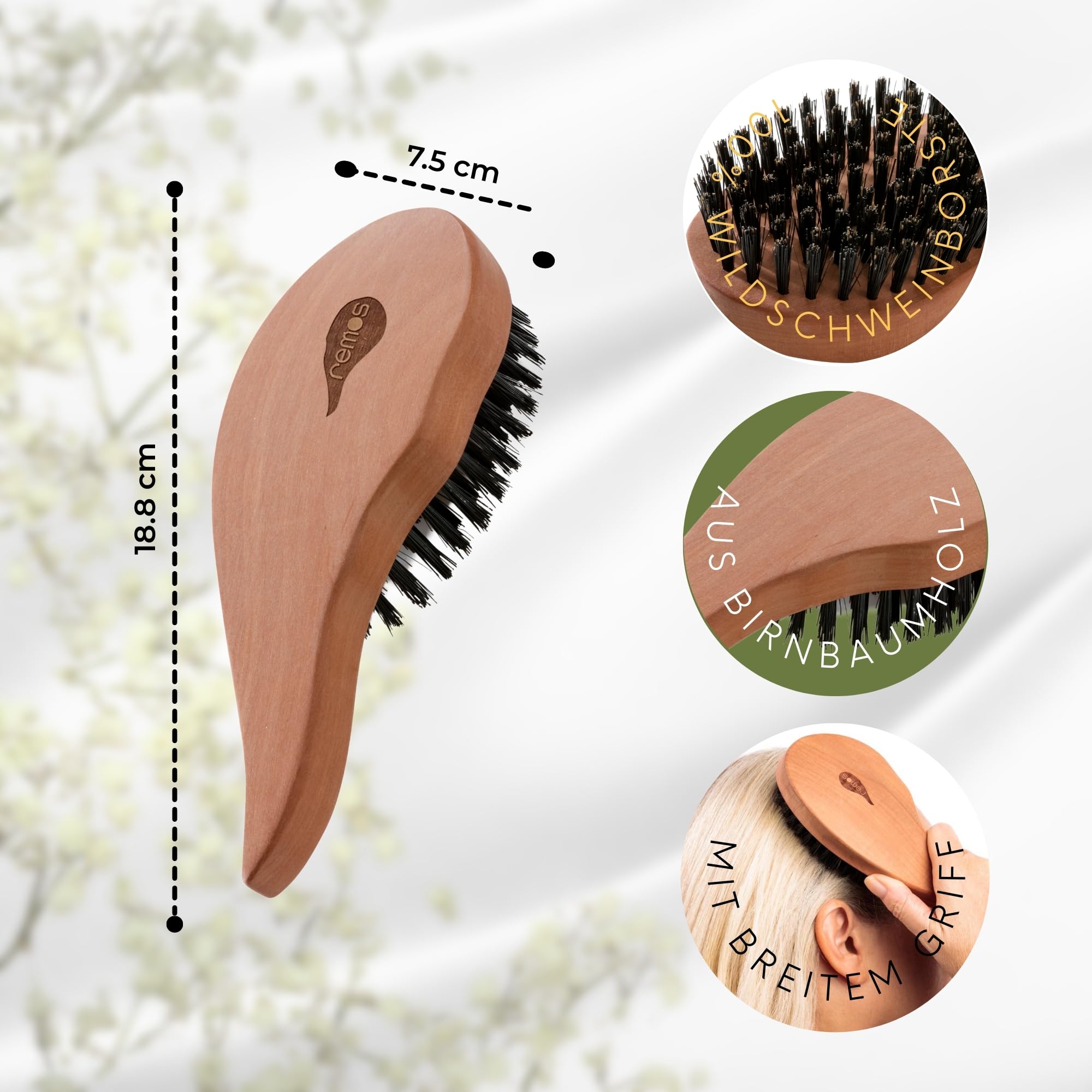 REMOS Natur Haarbürste 100% Wildschweinborstenmit ergonomischem Griff