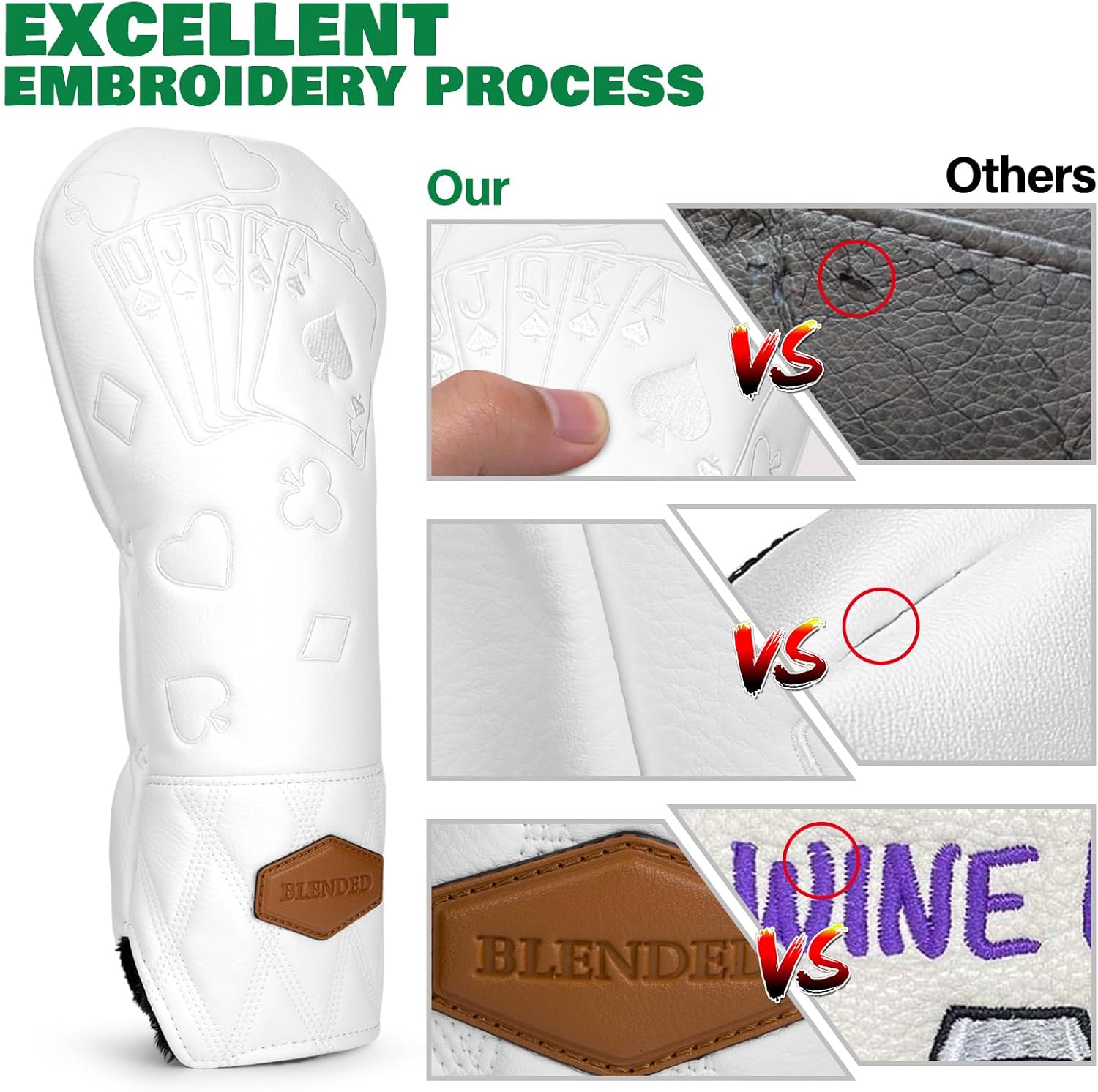 Golf Club Covers Poker Golf Head Covers Driver Covers Fariway Wood Headcover Hybrid Covers Leather Golf Headcover for All Brand,White