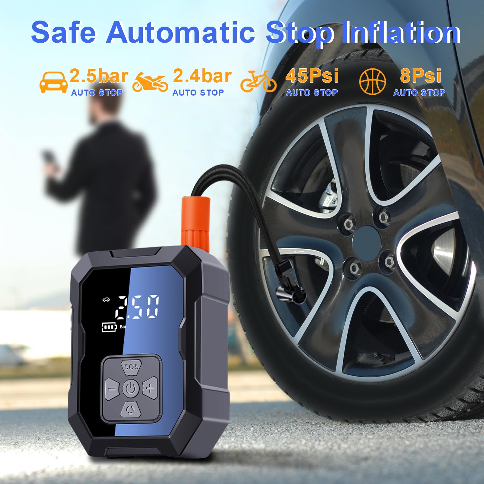 Compresor de aire portátil inflador de neumáticos, bomba de neumáticos 2 en 1 inalámbrica y encendedor de cigarrillos, con manómetro, hasta 150 psi, pantalla digital para coches, motocicletas