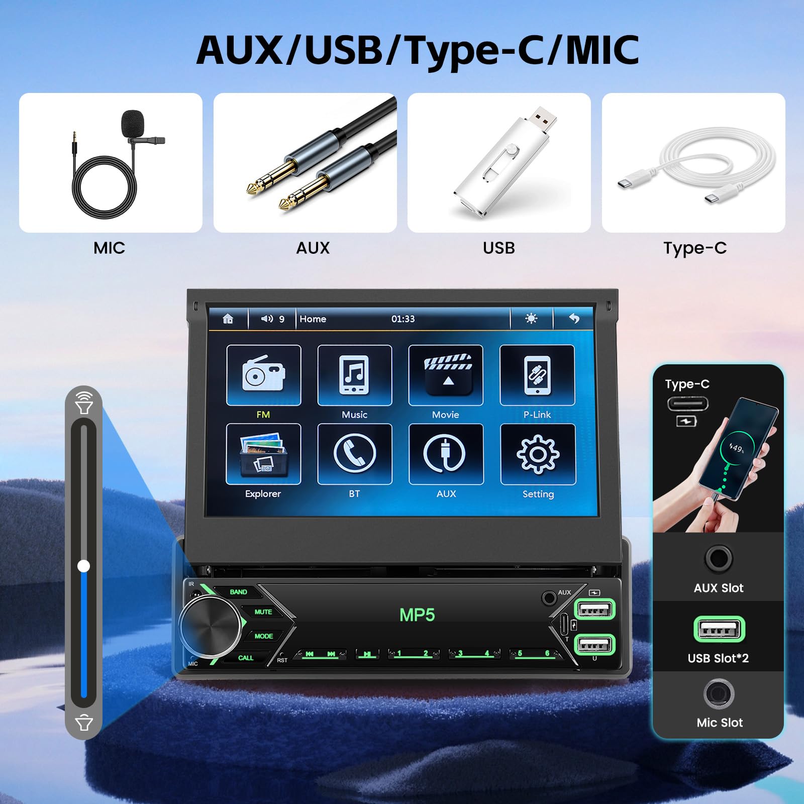 Hikity 7" 1 DIN Autoradio con Bluetooth FM Retrocamera | Touchscreen Mirror Link Comandi al Volante Vivavoce USB AUX