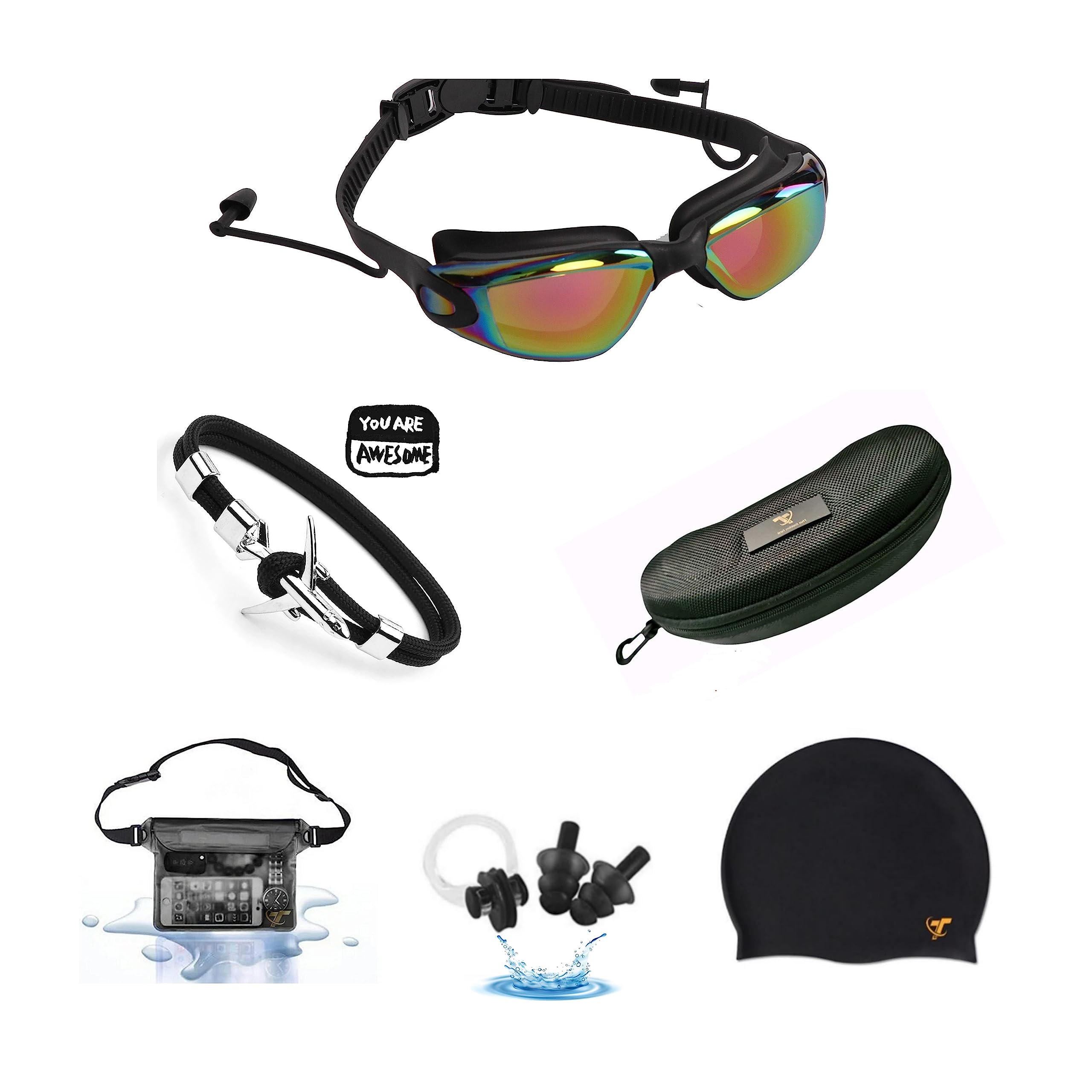 Swimming Goggle Anti Fog Anti Scratch UV protection Coated Lenses Free Accessories rope Bracelet Cap Nose Clip Ear Plugs Waterproof Bag Case Adjustable No Leak Men Women Kids pool Beach sport Glasses