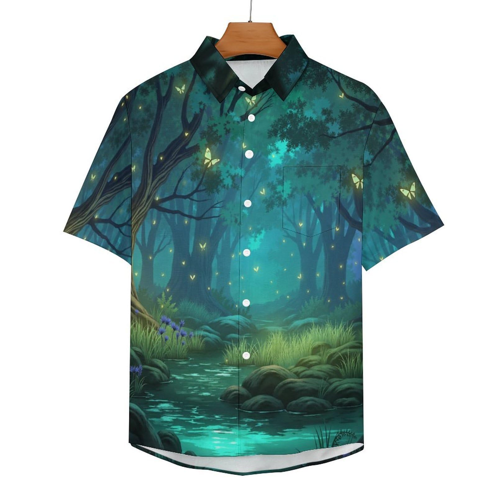 Camicie da Uomo a Maniche Corte con Stampa della Lucciole della Foresta Magia, Casual Leggere Bottoni Camicia con Tasca Frontale, per Vacanze Spiaggia Estate