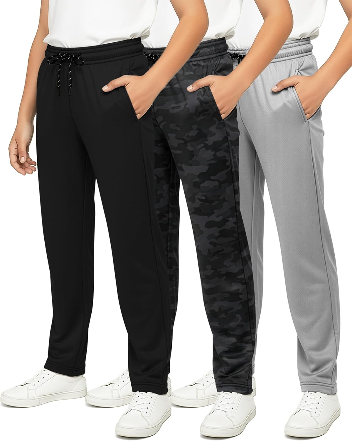 Real Essentials 3 Pack: Boys' Mesh Open Bottom Active Sweatpants with Pockets & Drawstring