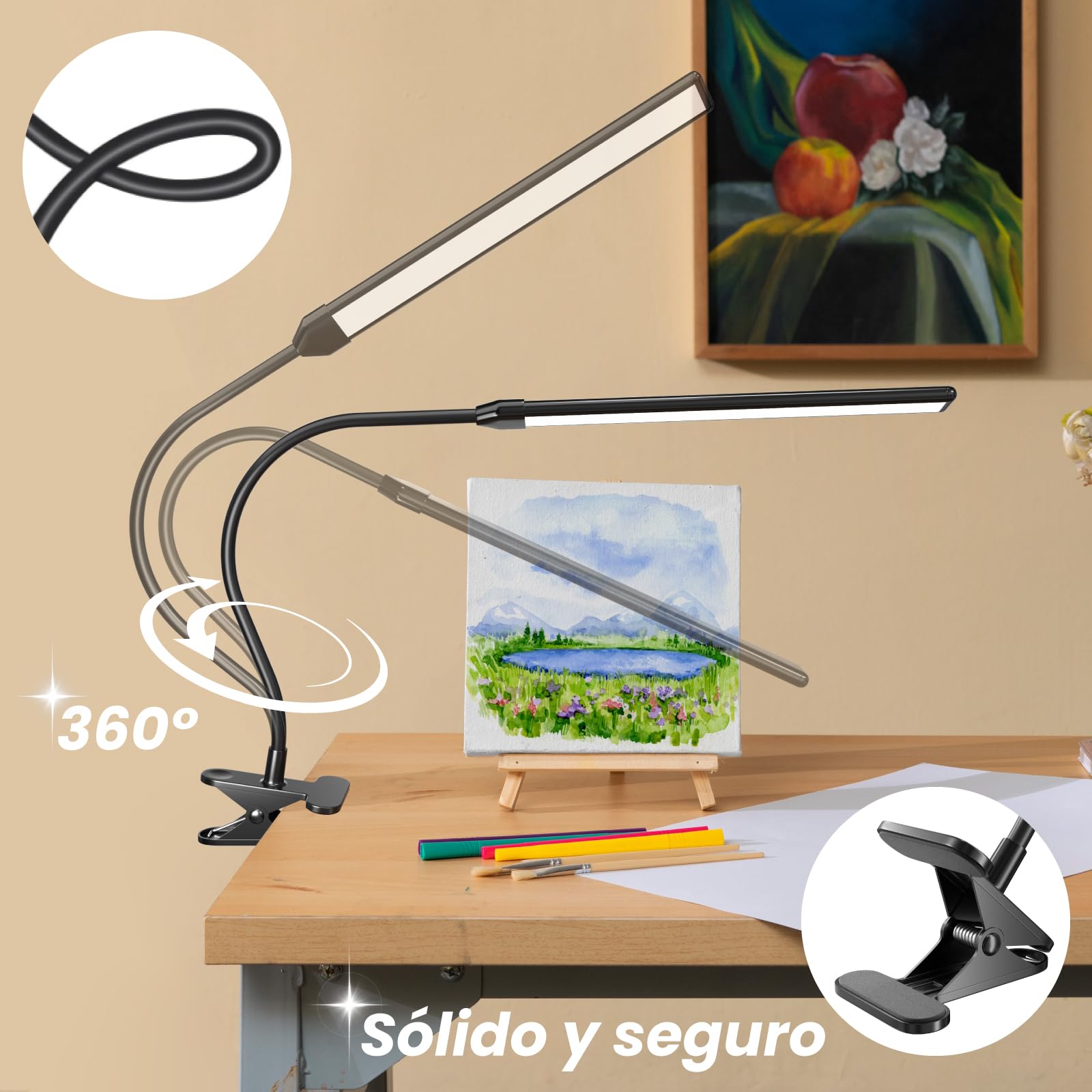 Lámpara LED de caballete con clip para artistas, 3 modos de color, 10 niveles regulables, luz de lectura de 300 lm para el cuidado de los ojos para pintar, dibujar con brazo flexible