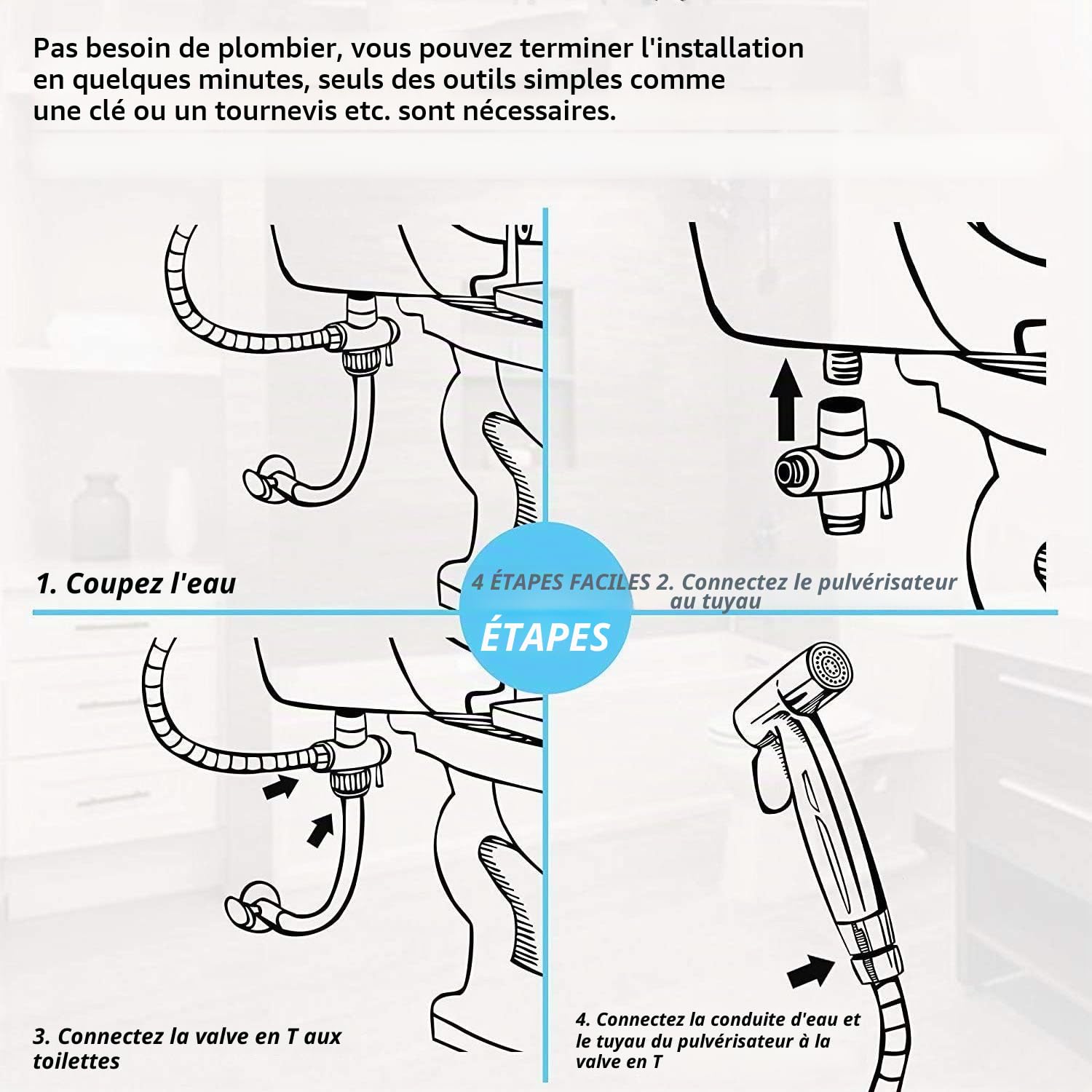 Kit Douchette Wc Toilettes Bidet HygiéNique - Kit Douchette Wc avec Vanne 3 Voies (1/2"-3/8") - Douchette pour L'HygièNe Intime