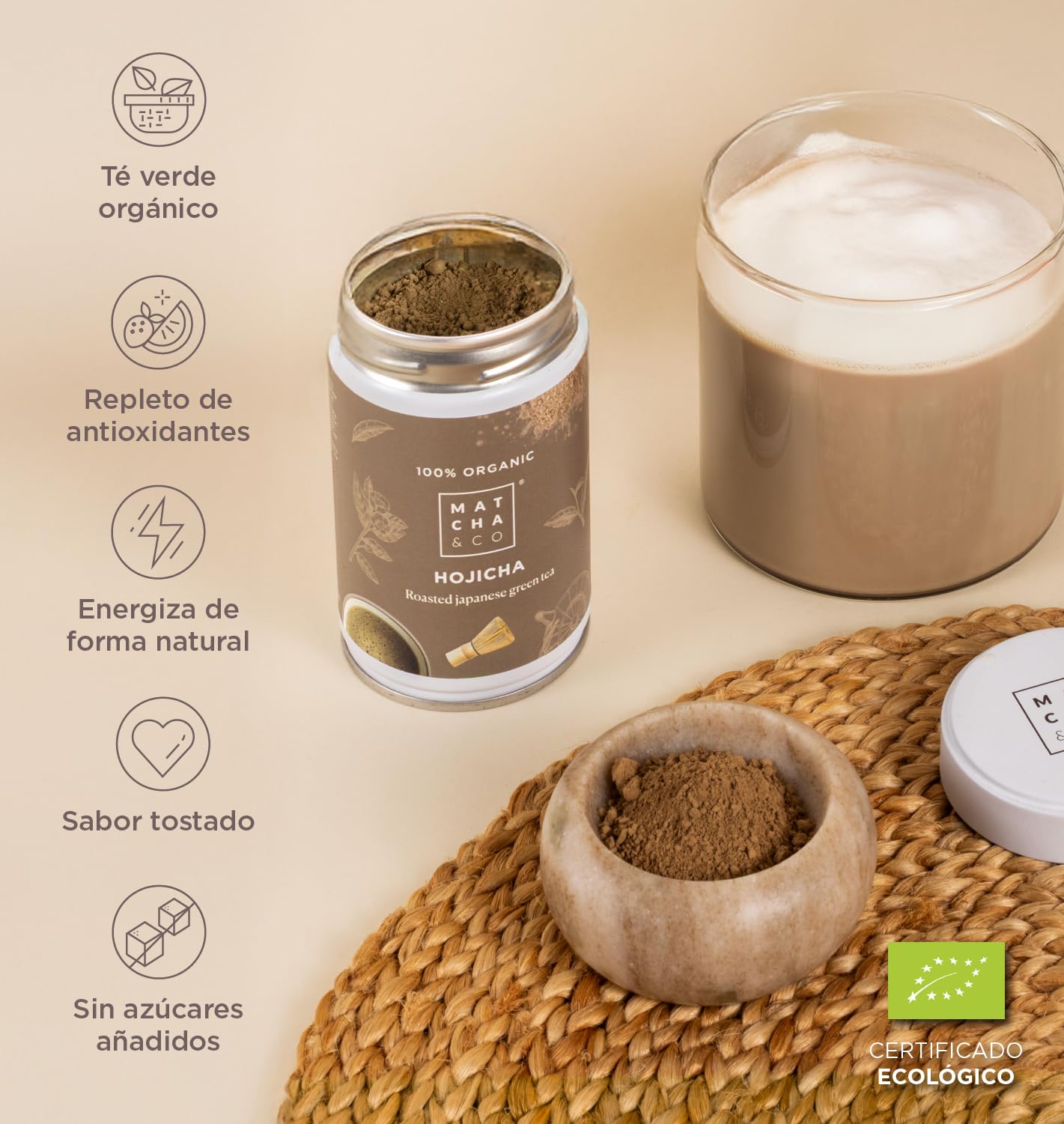 Matcha & CO: Hojicha Orgánico de Japón en Polvo – Té Verde Tostado 100% Natural – Sabor Ahumado con Notas Tostadas – Bajo en Cafeína y Rico en Antioxidantes