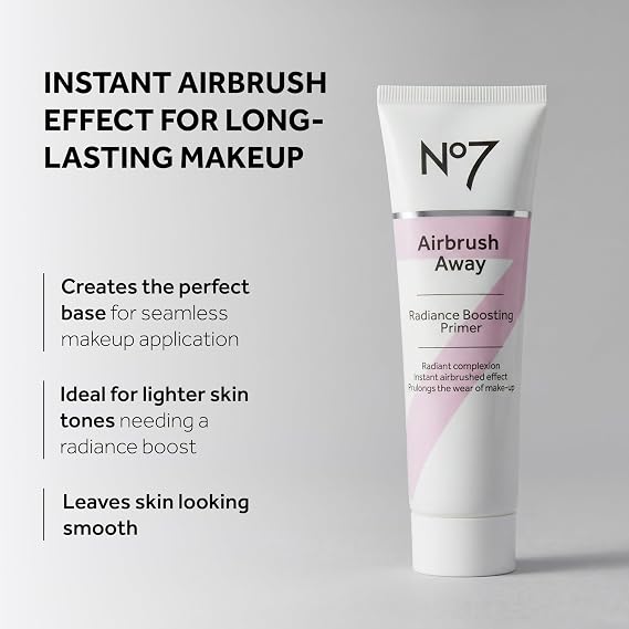 No7 Airbrush Away Radiance Boosting Foundation Primer - Illuminating Glow Primer for Seamless Makeup Application - Leaves Skin Dewy, Smooth & Radiant - Extends Makeup Wear (30ml)