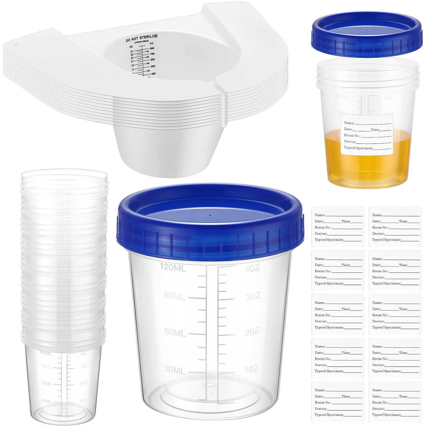 Relaxweex 30 Pcs Urine Collection Hats for Toilet Sets Including 10 Urine Collector, 10 Sample Cup Containers, 10 Stickers for Women and the Elderly Stool Sample Collection Kit, Universal