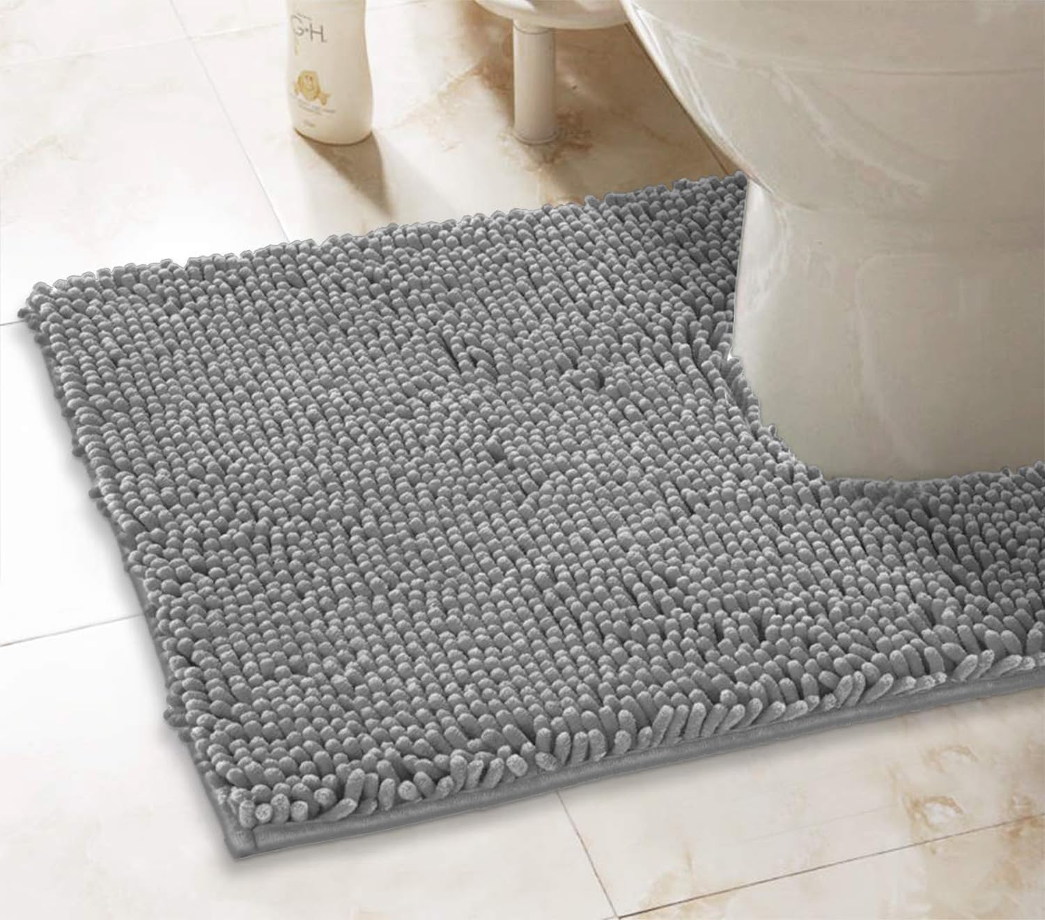 LuxUrux Light Grey Bath Mat - U-Shaped Contoured Rug for Around Toilet, Super Absorbent Shaggy Bath Rug. Easy Machine Wash & Dry (20 x 23, Light Grey)