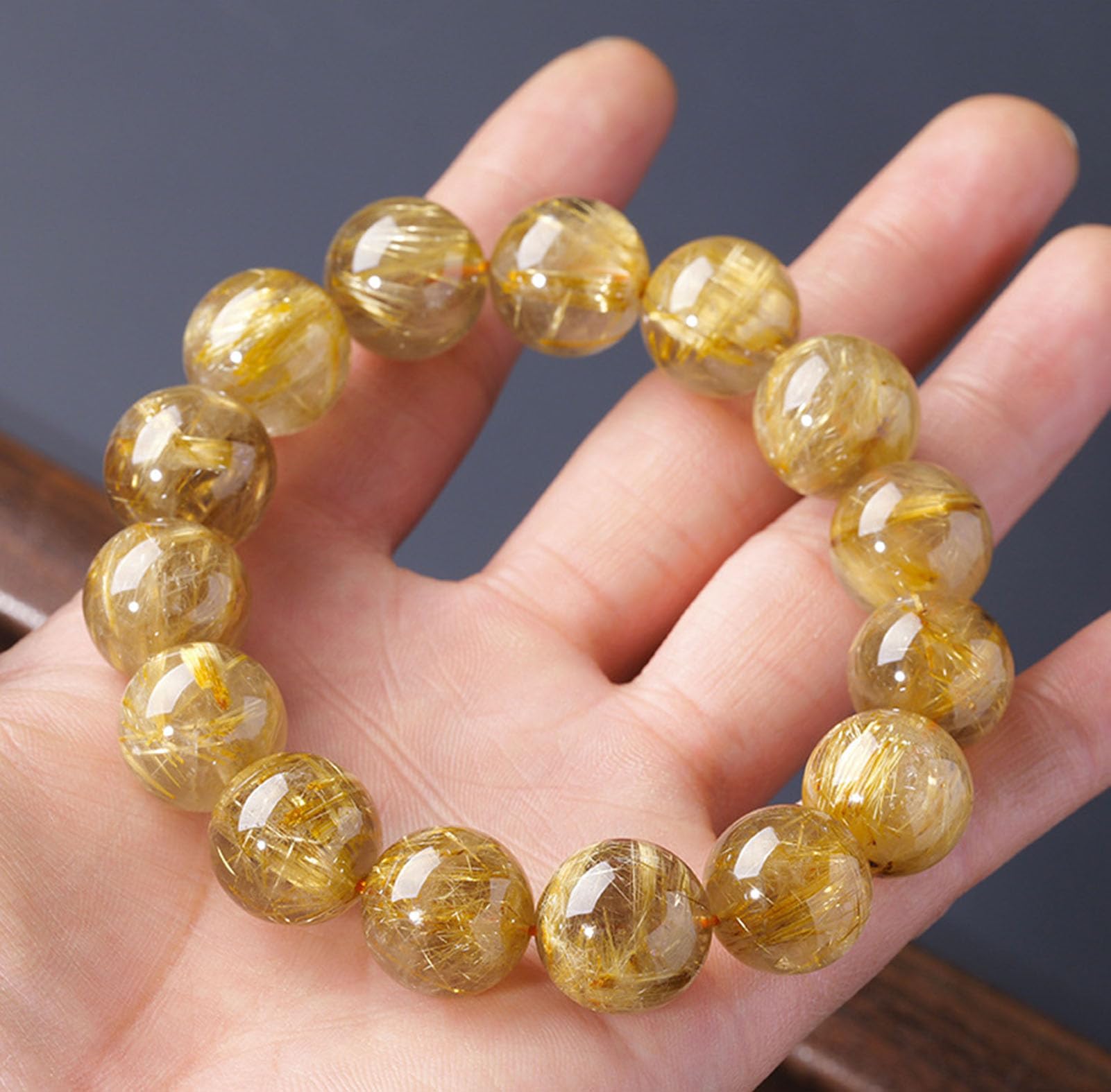 Bracciale in quarzo rutilato dorato naturale, braccialetti unisex cristallo | Braccialetti elasticizzati fatti a mano per la meditazione Yoga, guarigione spirituale con cristalli chiari e luminosi