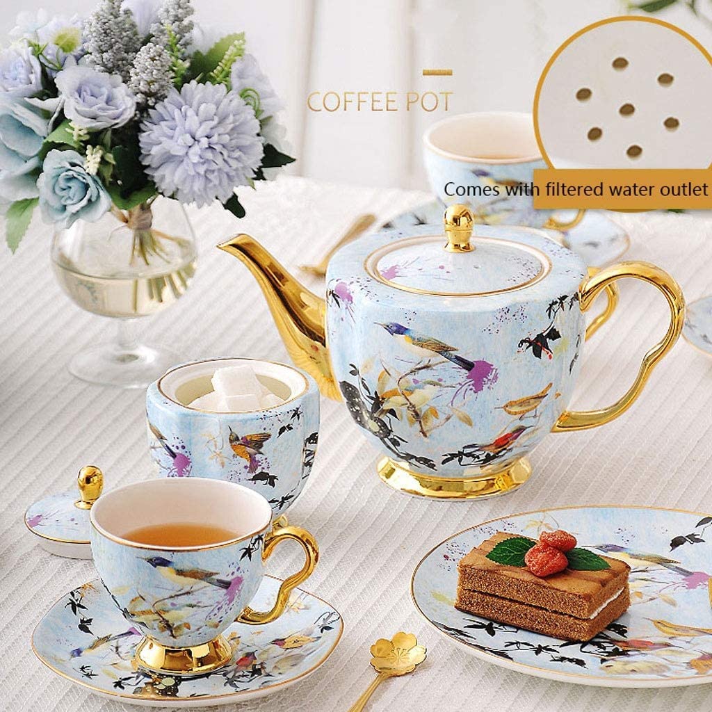 Serwis Do Kawy Na Przyjęcie 11 Sztuk Zestaw Do Kawy Z Porcelany Kostnej Europejski Wzór Ptaka Herbaty Garnek Śmietanka Cukiernica Czajniczek Filiżanka Kubek Danie Popołudniowa(Blue)