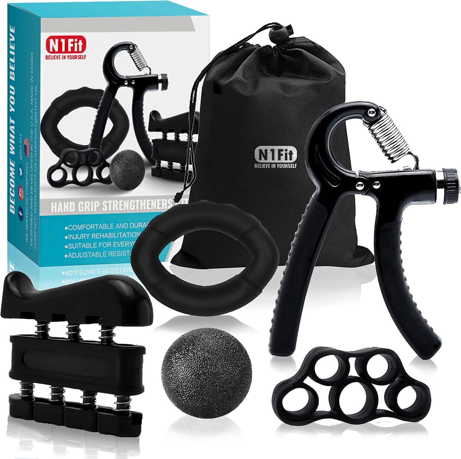 Kit de entrenamiento fortalecedor de agarre de mano (paquete de 5) agarre de antebrazo ajustable agarre de mano, ejercitador de dedos, estirador de dedos, anillo de agarre y bola de agarre para