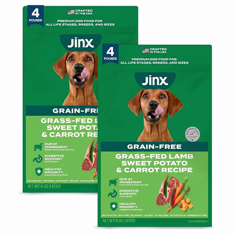 Ração seca para cães Jinx sem grãos com cordeiro alimentado com pasto, batata-doce e cenoura, Pacote com 2 sacos de 1,81 kg