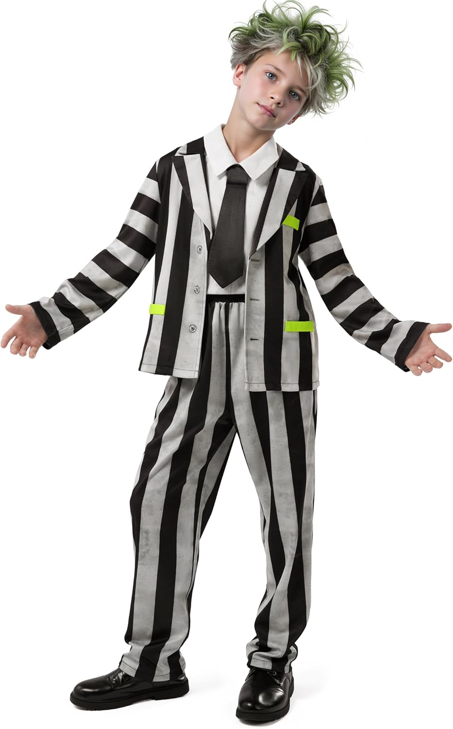 Spooktacular Creations Halloween Costume for Boys, Horror Black and White Vertical Striped Spooky-cool Costume for Kids Medium (8–10 yrs)