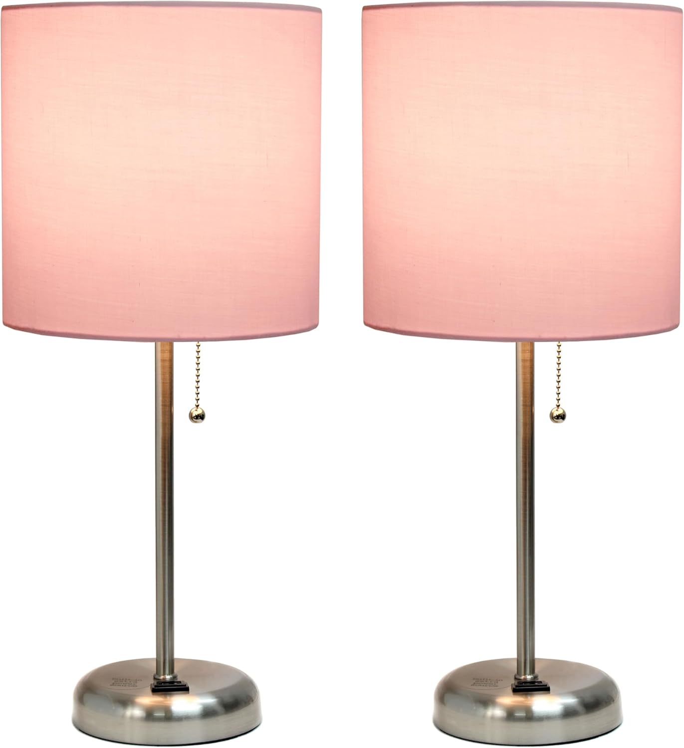 Simple Designs LT1144-LPK-2PK 19.5" 2-Pack Sleek and Slender Brushed Steel Table Lamp with Charging Outlet, for Bedroom, Living Room, Entryway, Office, Dining Room, Study, Light Pink Shades
