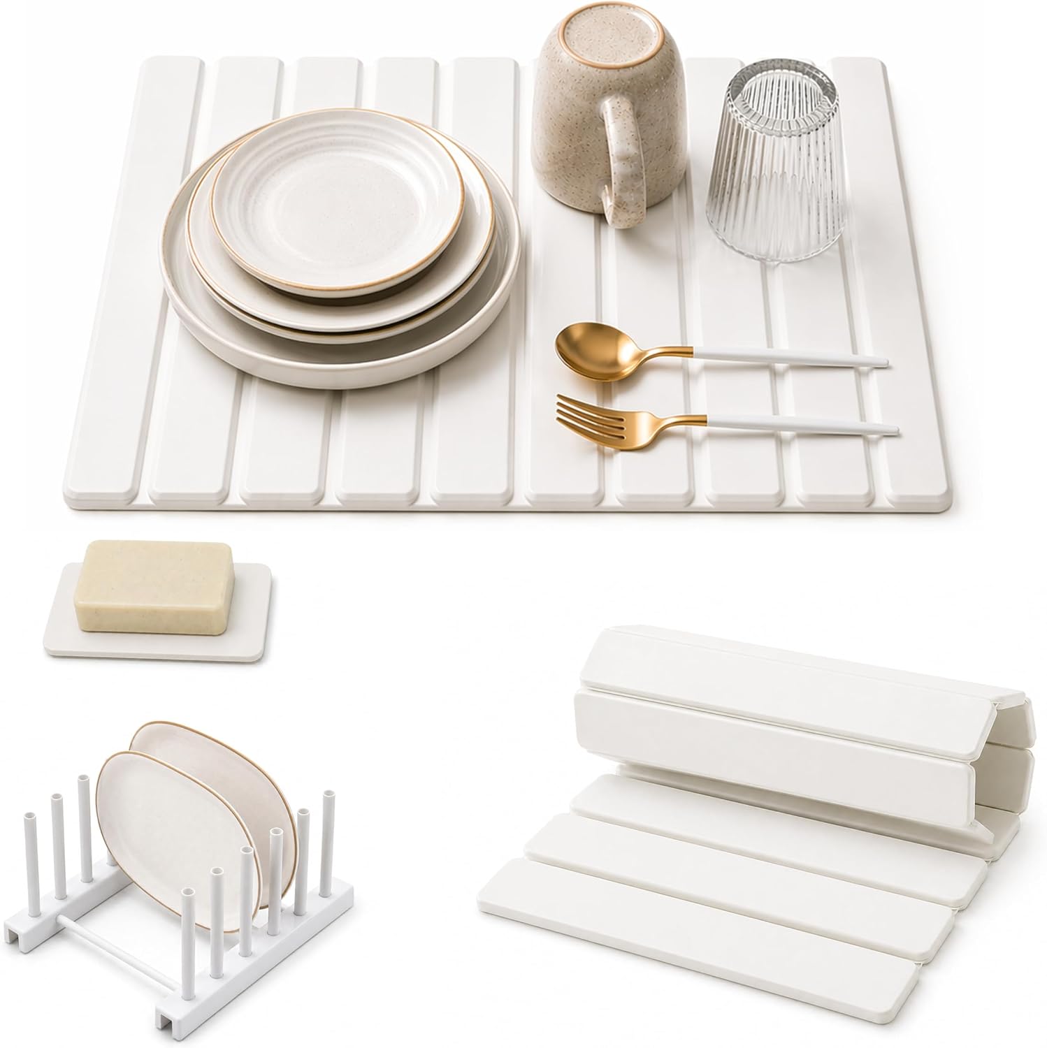 Stone Dish Drying Mat for Kitchen Counter tops - Foldable Drying Mat - Fast Absorbent Diatomaceous Earth Drying for Dishes, Bottles & Cups Dish - Drying Mat with Small Rack and Dish Stand (White)