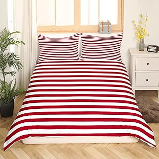 Erosebridal Girl Stripe Duvet Cover Twin Size Red White Ticking Stripes Bedding Set Bedroom Decor Horizontal Striped Lines Comforter Cover for Kids Women Modern Abstract Quilt Cover