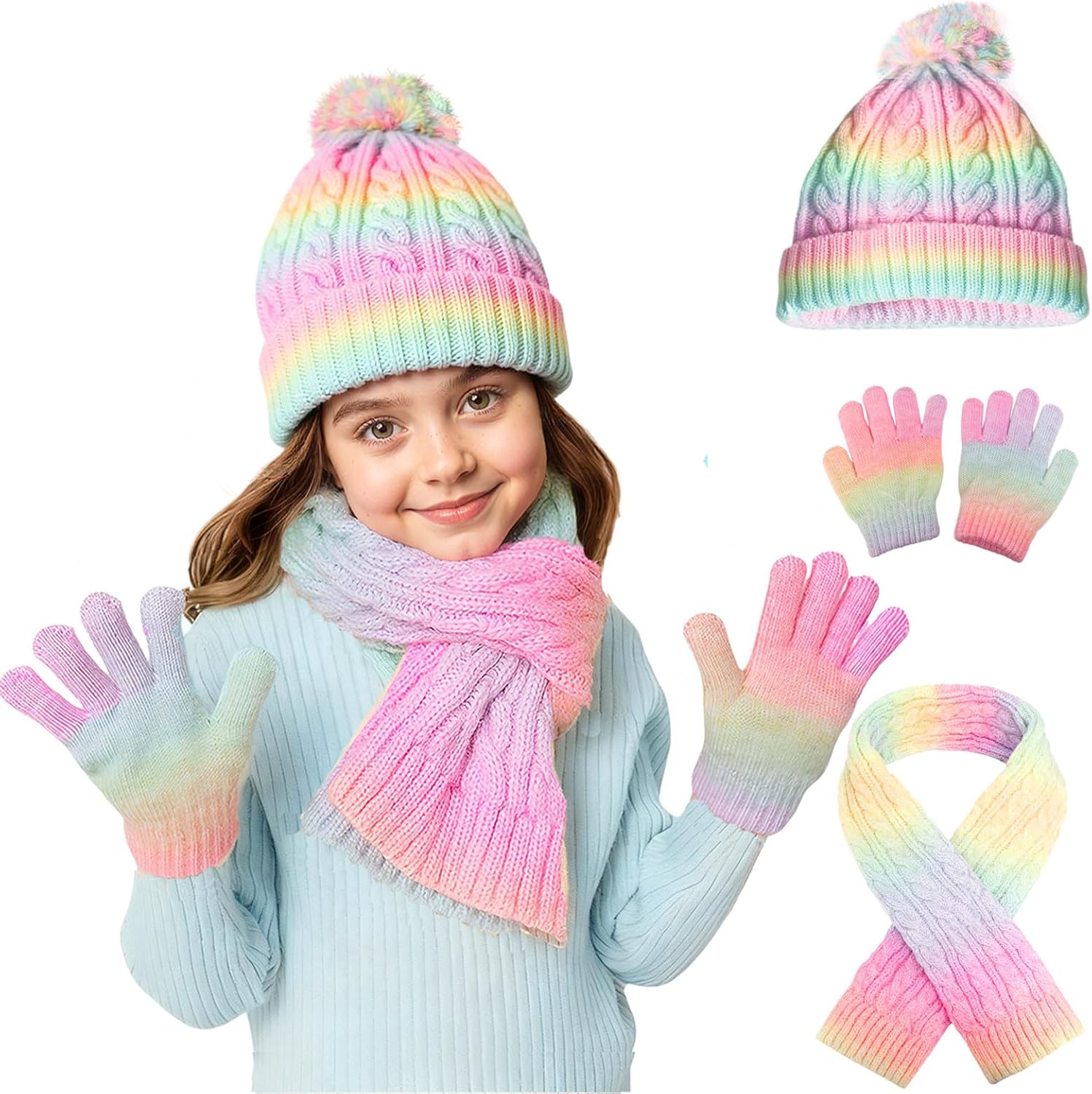 Girls Winter Hat Scarf Gloves Set, Warm Fleeve Rainbow Color Beanie Knit Scarf Mittens Kids Children Christmas Gifts
