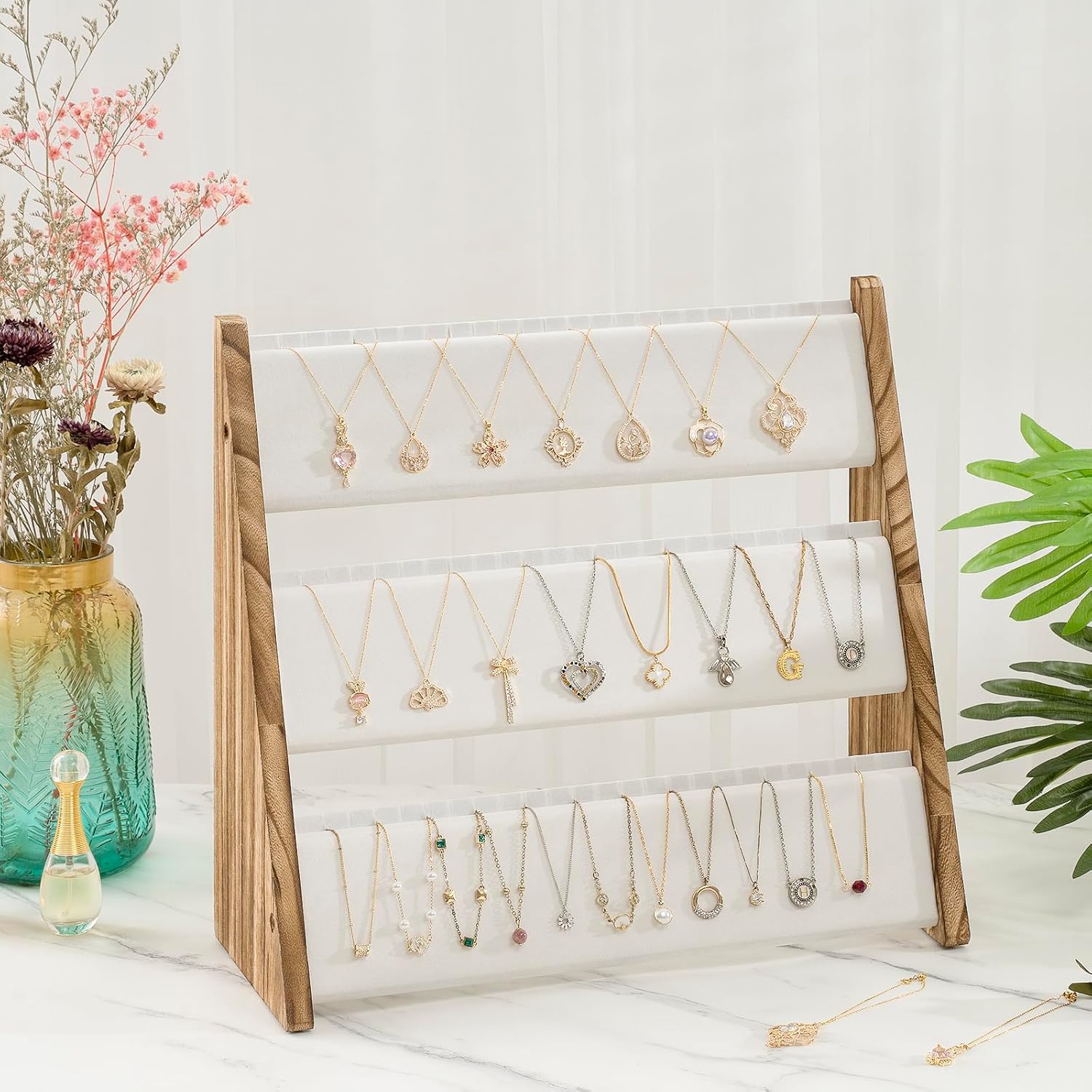 Necklace Holder, 3 Tier Necklace Organizer Stand with White Velvet, Wood Necklace Display Stands for Selling, Jewelry Display Stand for 72 Necklaces Bracelets (Brown) - Image 8