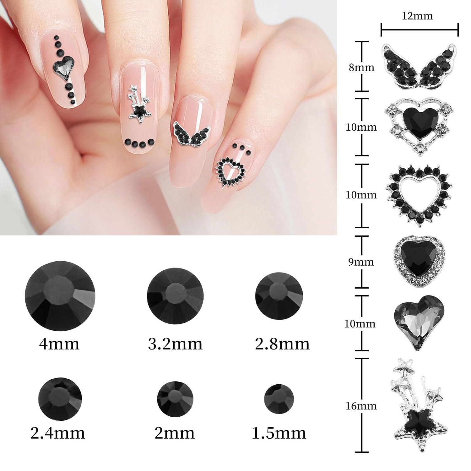 QIUTIMIY 30 PCs 3D Luxury Nail Art Charms + 650 PCs Rhinestones and Tweezers Kit Crystals Diamonds Jewelry Stones(Black) image 3