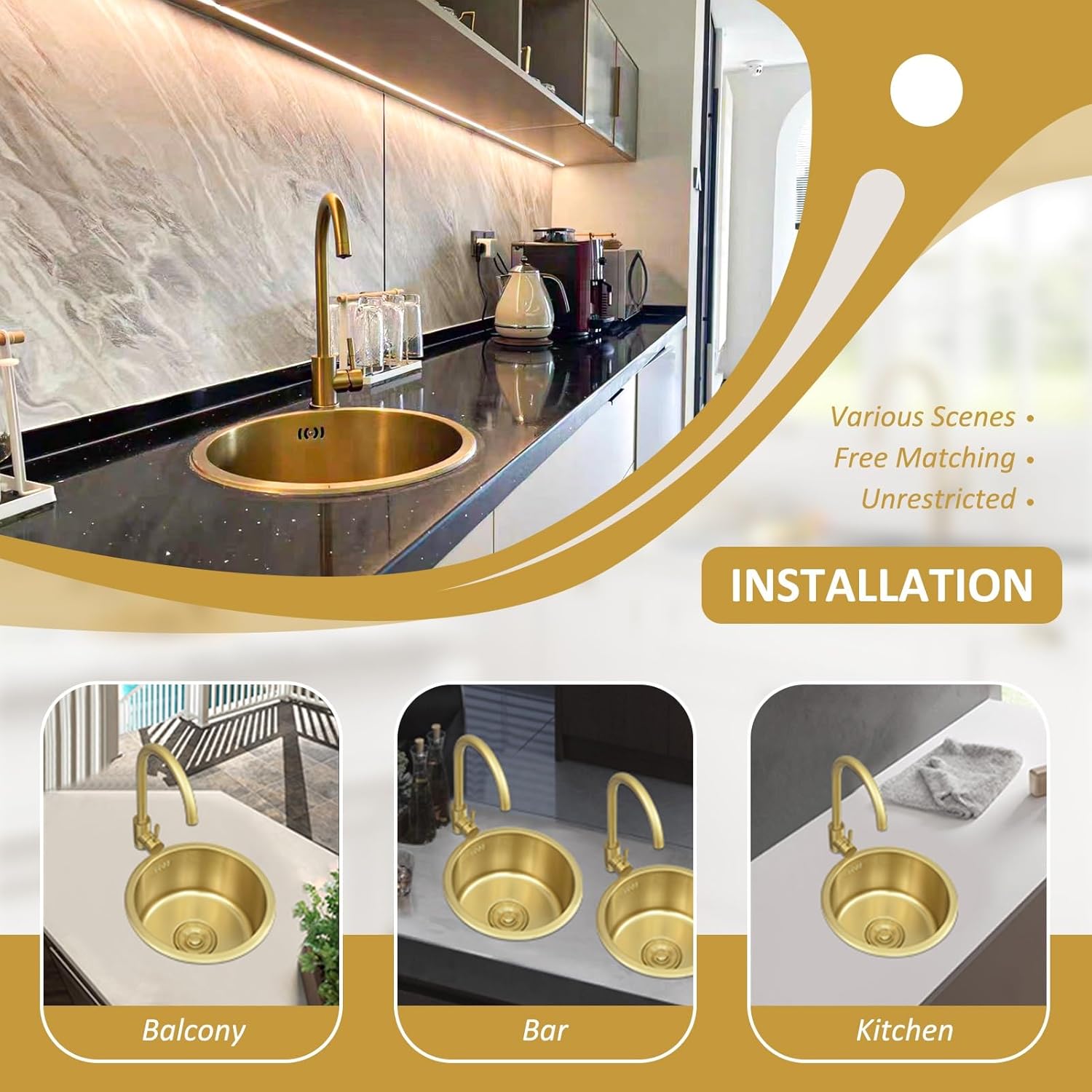 Modern Gold Stainless Steel Bar Sink | Stylish Small Space Prep Sink | Silent Soundproofed Gold Sink(40cm)