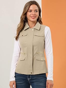 Allegra K Women's Zip Up Jacket with Pockets Sleeveless