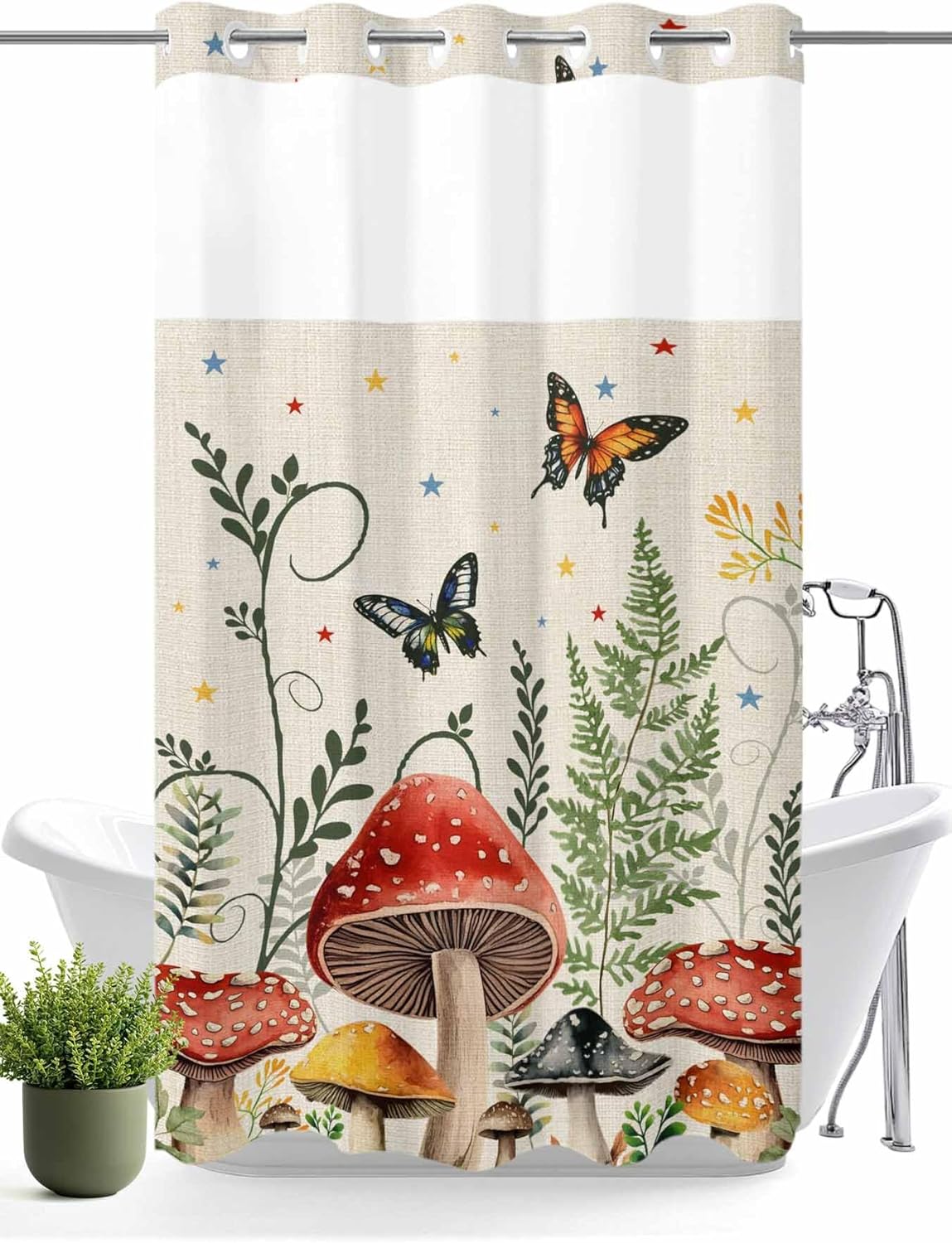 Teamery No Hook Shower Curtain Pastoral Mushroom Butterfly Curtain Liner Set See-Through Top Double Layers Fabric Shower Curtains for Bathroom Decor 54x78in