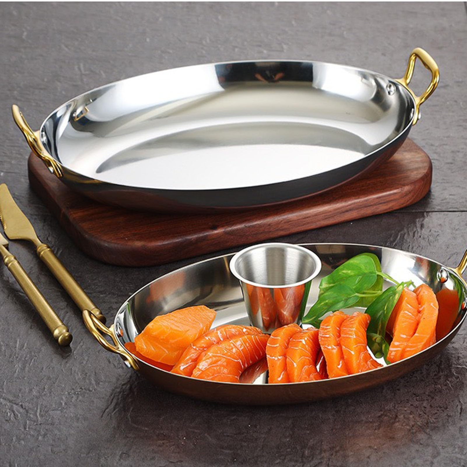 RSBFER Poêle à Paella espagnole Ovale en Acier Inoxydable, Assiette antiadhésive de Homard de Fruits de mer avec poignées Doubles rivetées pour la Maison ou Les Restaurants,C,30cm