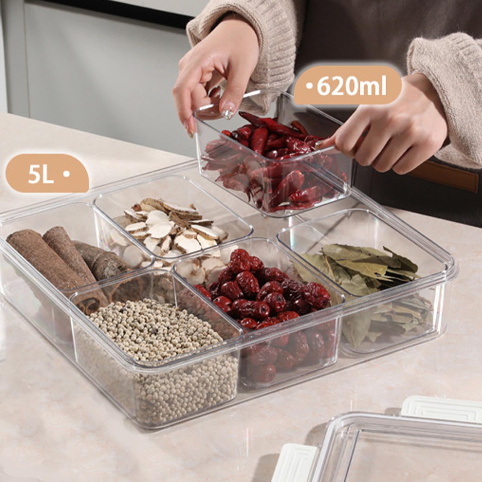 Plateau de service divisé avec couvercle – Organiseur de charcuterie avec 6 compartiments, carré de rangement des aliments, organisateur transparent pour collations, noix, bonbons