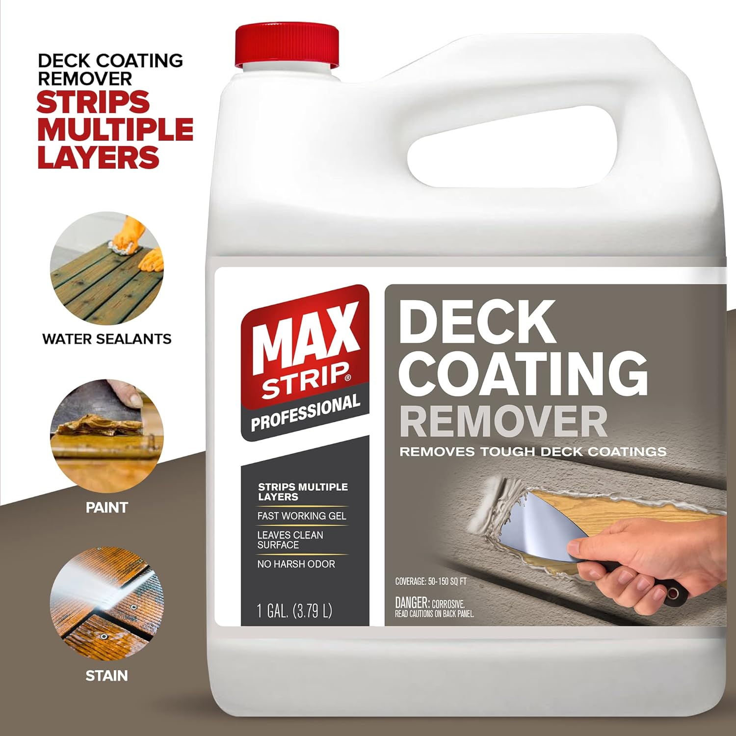 Max Strip Deck Coating Remover - 1 Gallon - Professional Fast Working Gel Strips Multiple Layers - Removes Tough Deck Coatings - No Harsh Odor Leaves Surface Clean