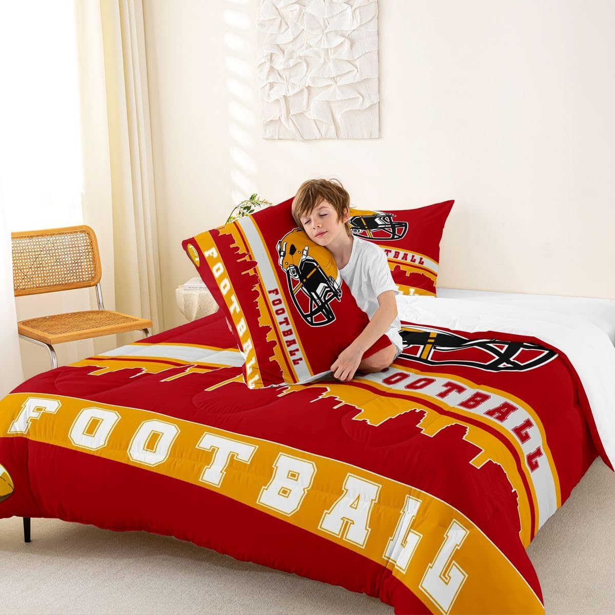 Erosebridal Football Comforter Set Queen Football Fans Bedding for Kids Football City Bedding Comforter Sets Red Yellow Rugby Competition Room Decor Sports Ball Game Duvet Insert