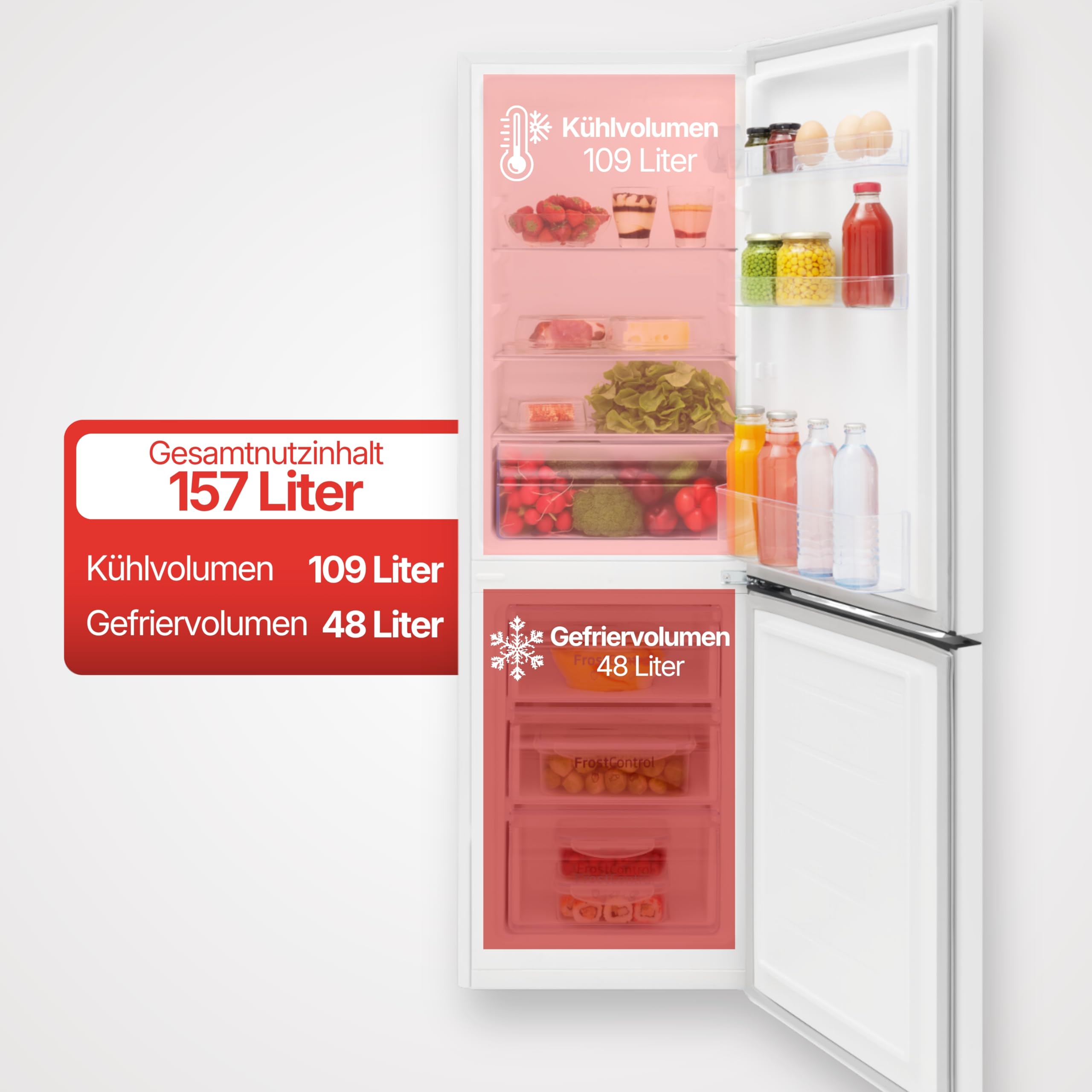 Amica Kühl‑Gefrierkombination freistehend 157 l FrostControl Superkühl und Supergefrierfunktion Sicherheitsglas LED‑Beleuchtung 144 x 47,4 x 49,5 cm – Kuehlschrank Freistehend Weiß