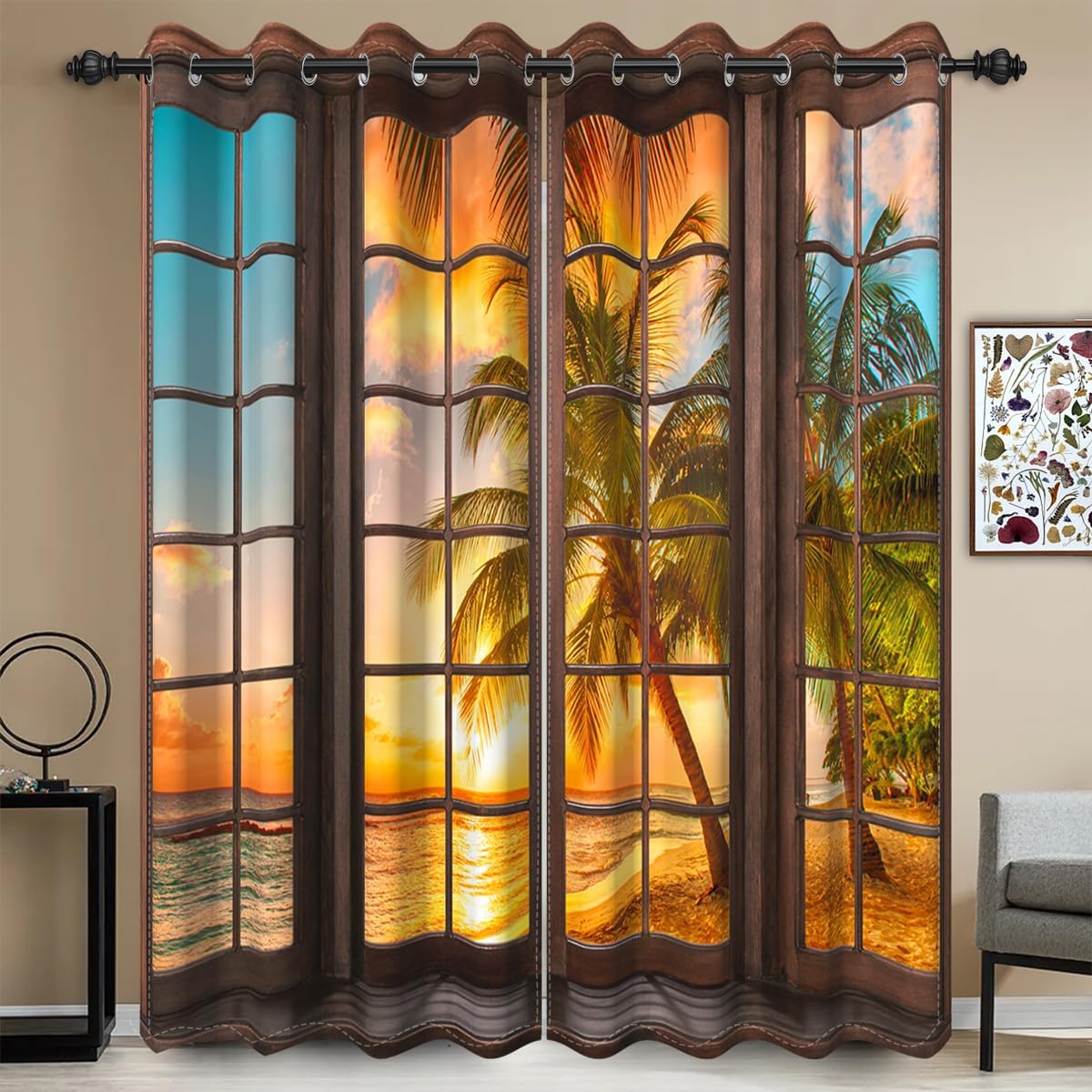 Sunset Landscape Window Curtains Summer Tropical Palm Trees Dusk Ocean Brown Wooden Window Print Pattern Blackout Curtains for Bedroom Kitchen Window 2 Panels 52x63 Inch Decor