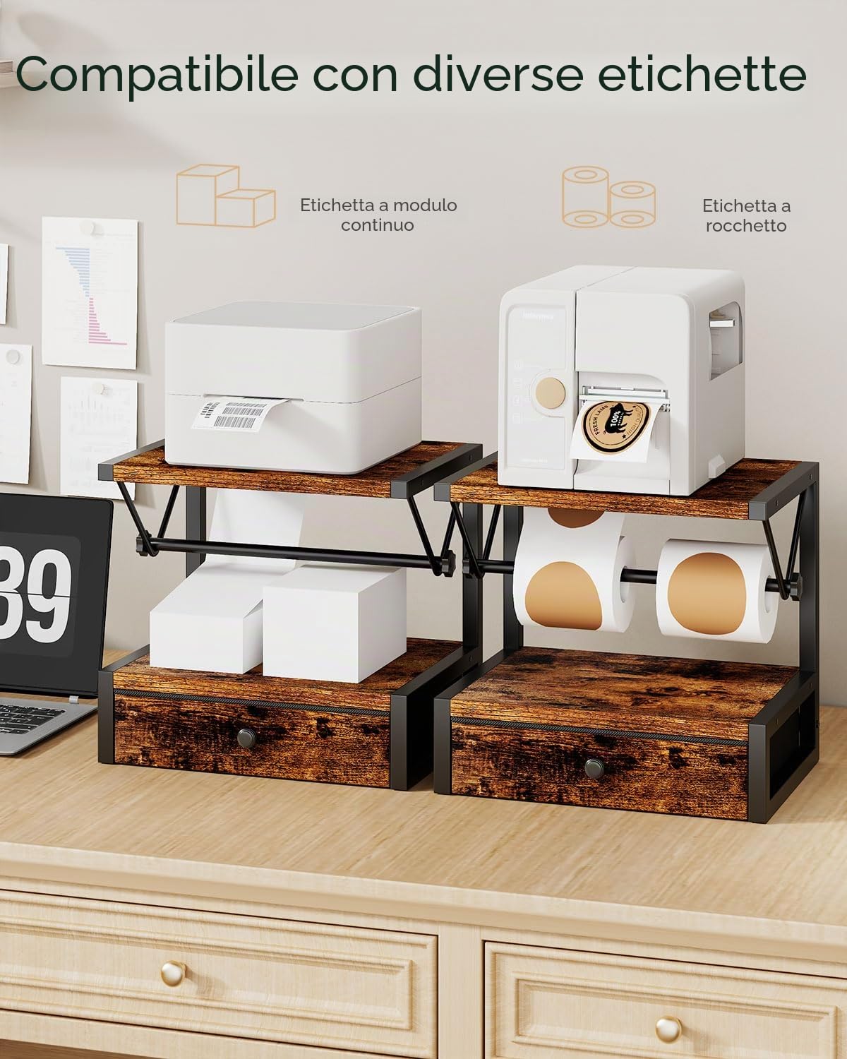 IBUYKE Supporto per etichetta rotoli e pieghevoli, supporto termico in legno per stampanti desktop, marrone TPS003H